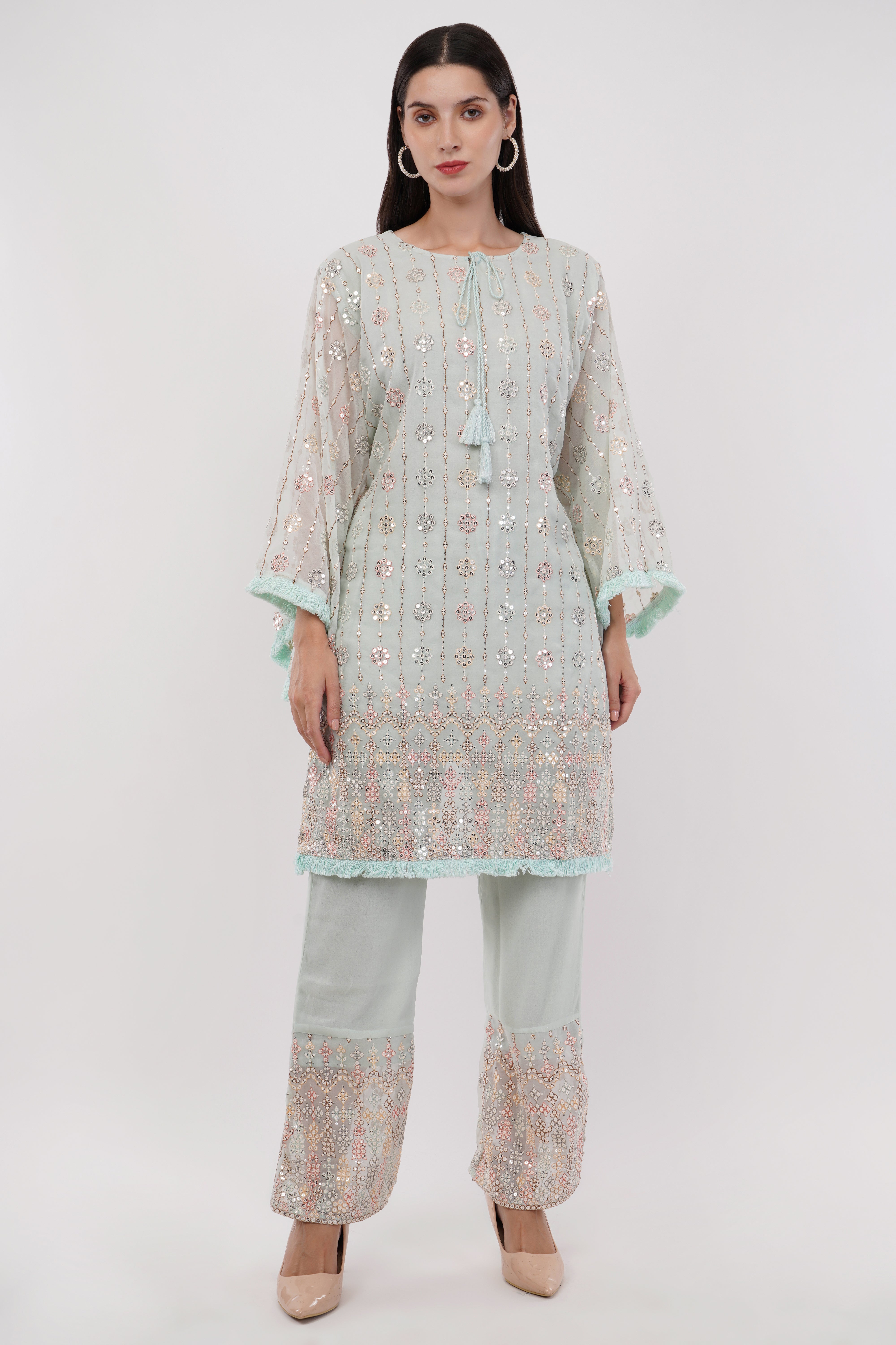 Light Blue Georgette Georgette Embroidered Pastel Co-Ord Set - Set Of 3