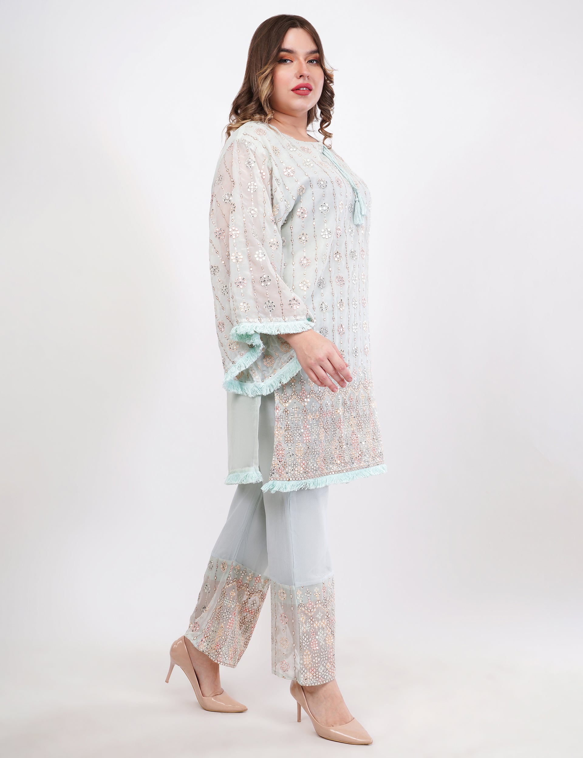 Light Blue Georgette Embroidered Pastel Co-Ord Set - Set Of 2