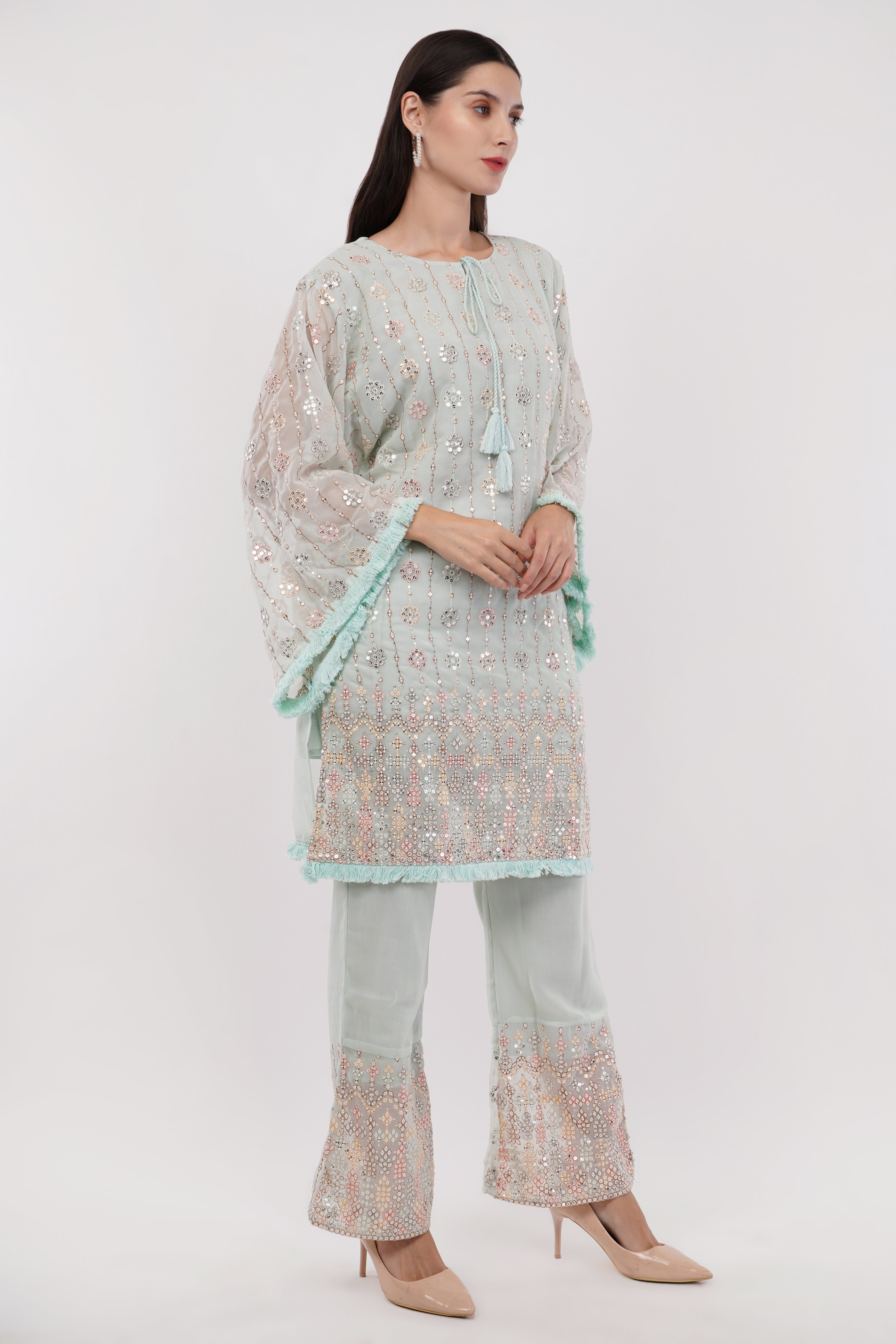 Women Light Blue Georgette Embroidered Pastel Co-Ord Set - Set Of 2