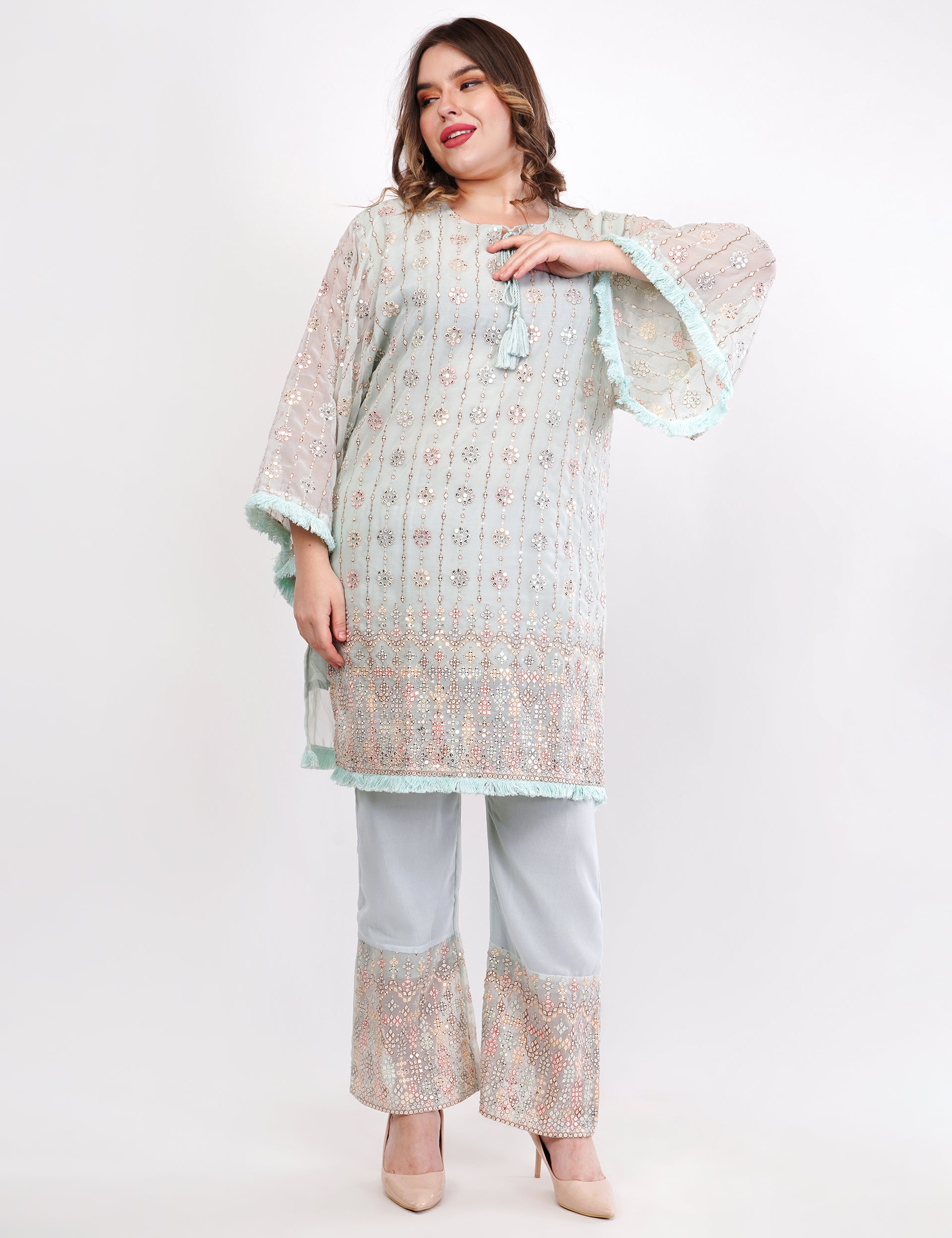 Light Blue Georgette Embroidered Pastel Co-Ord Set - Set Of 2