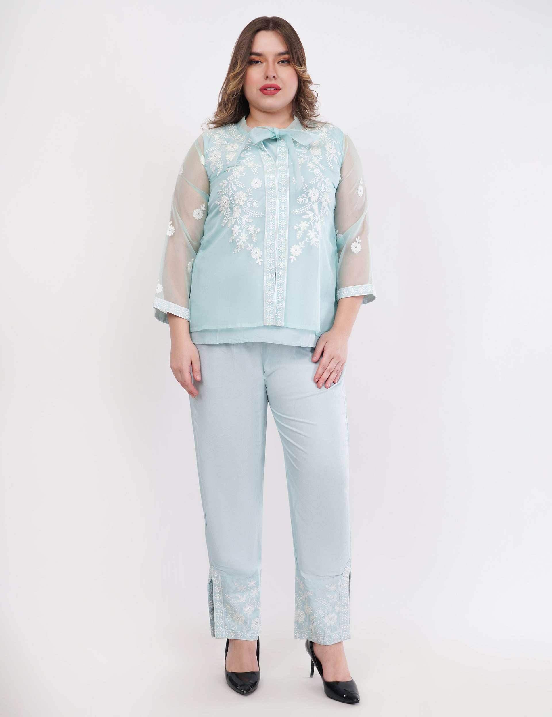 Light Blue Embroidered Organza Co-Ord Set - Set Of 2