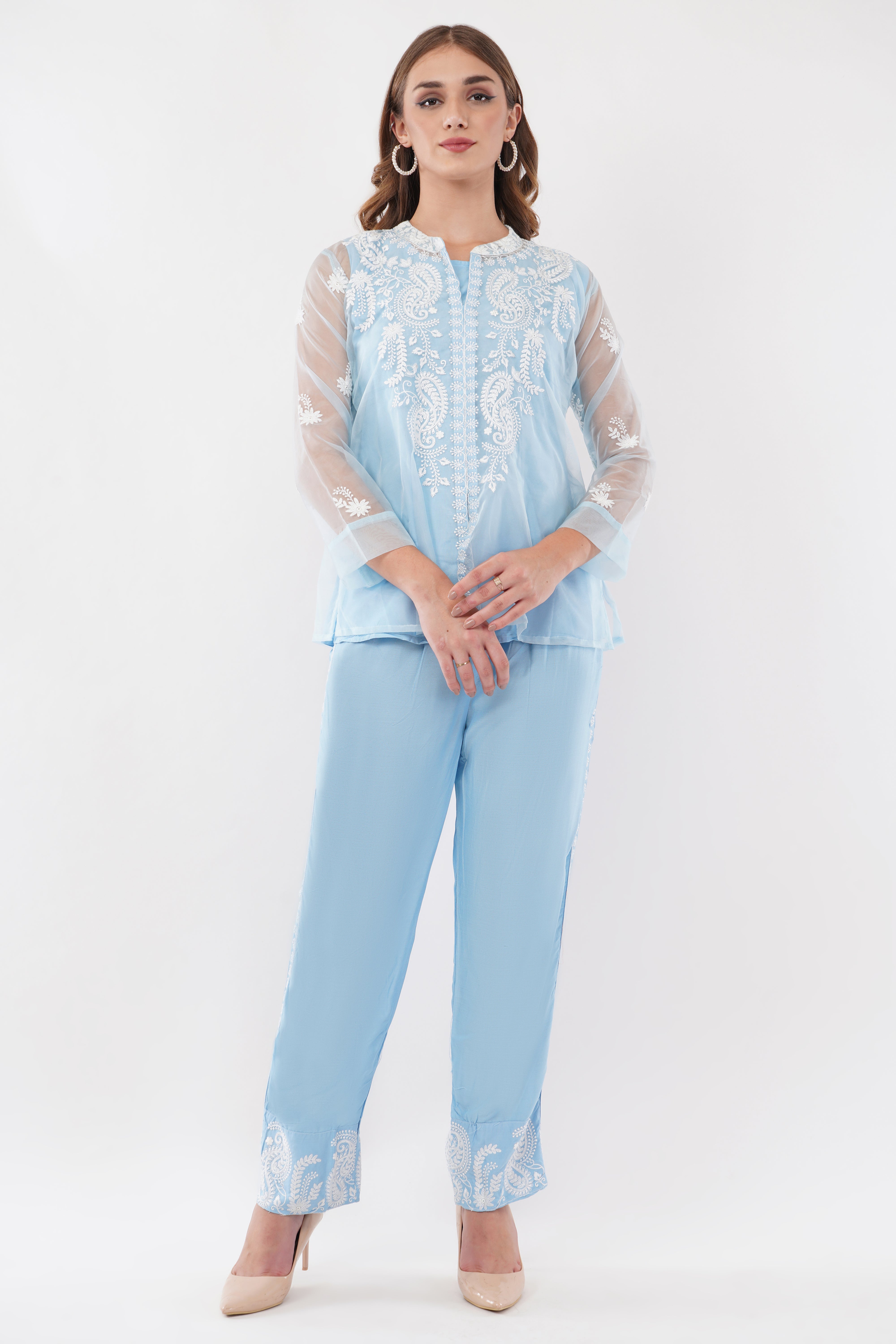 Light Blue Embroidered Organza Co-Ord Set - Set Of 3