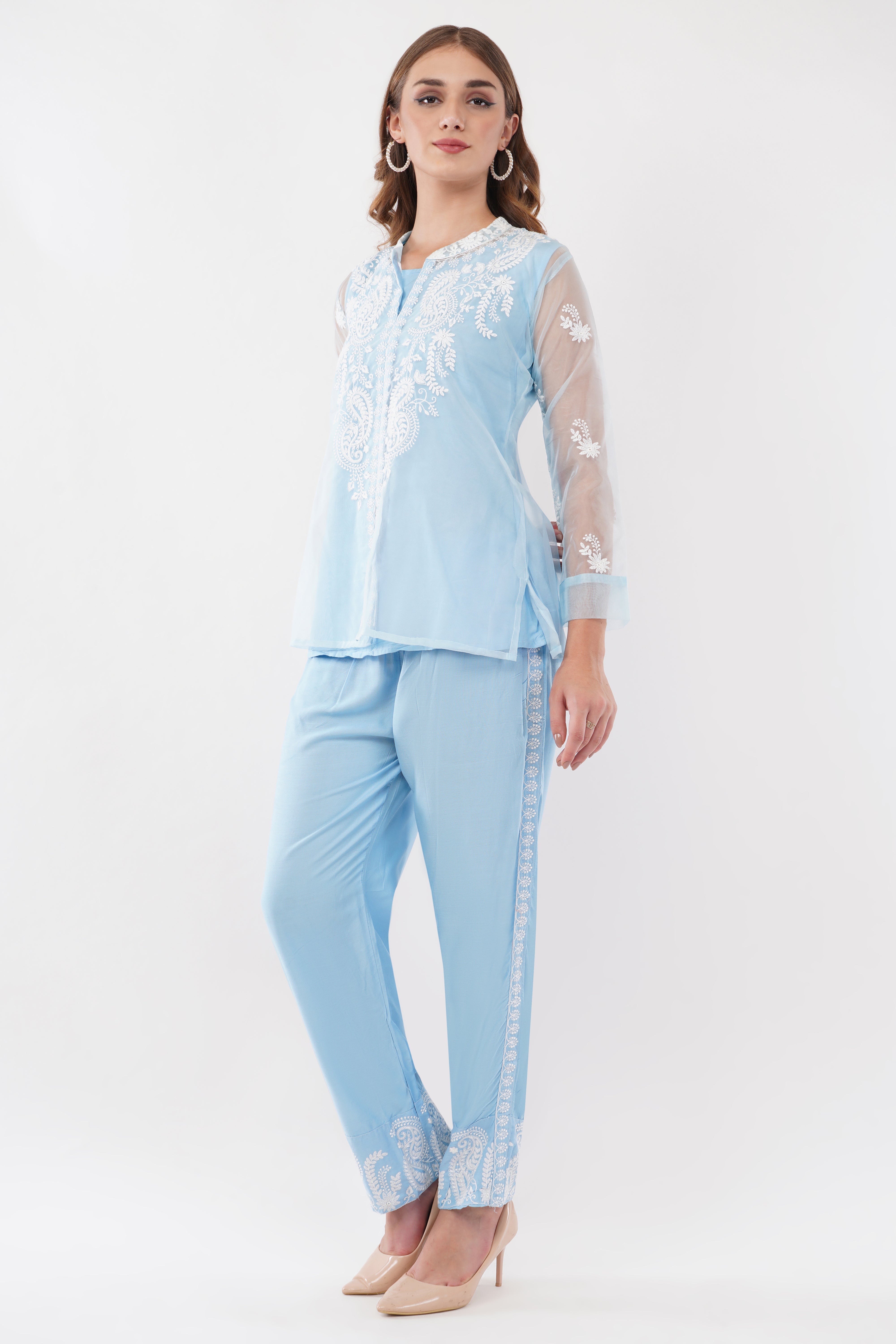 Light Blue Embroidered Organza Co-Ord Set - Set Of 3