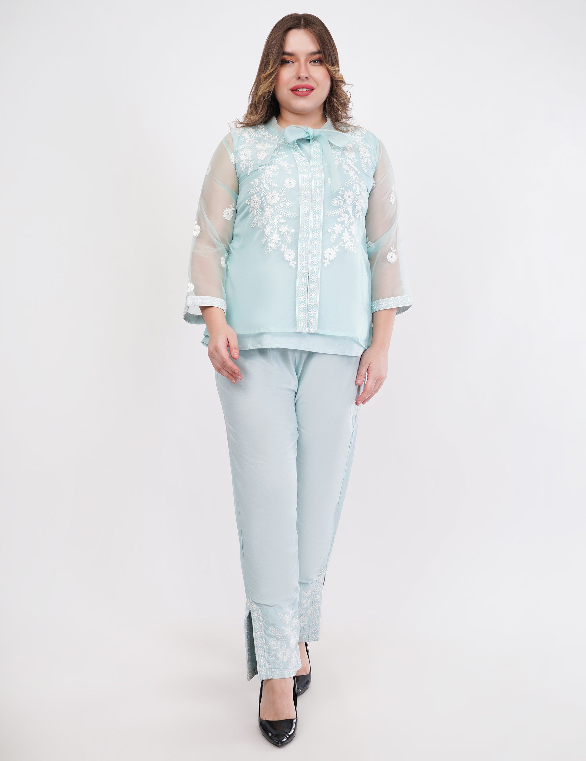 Light Blue Embroidered Organza Co-Ord Set - Set Of 3