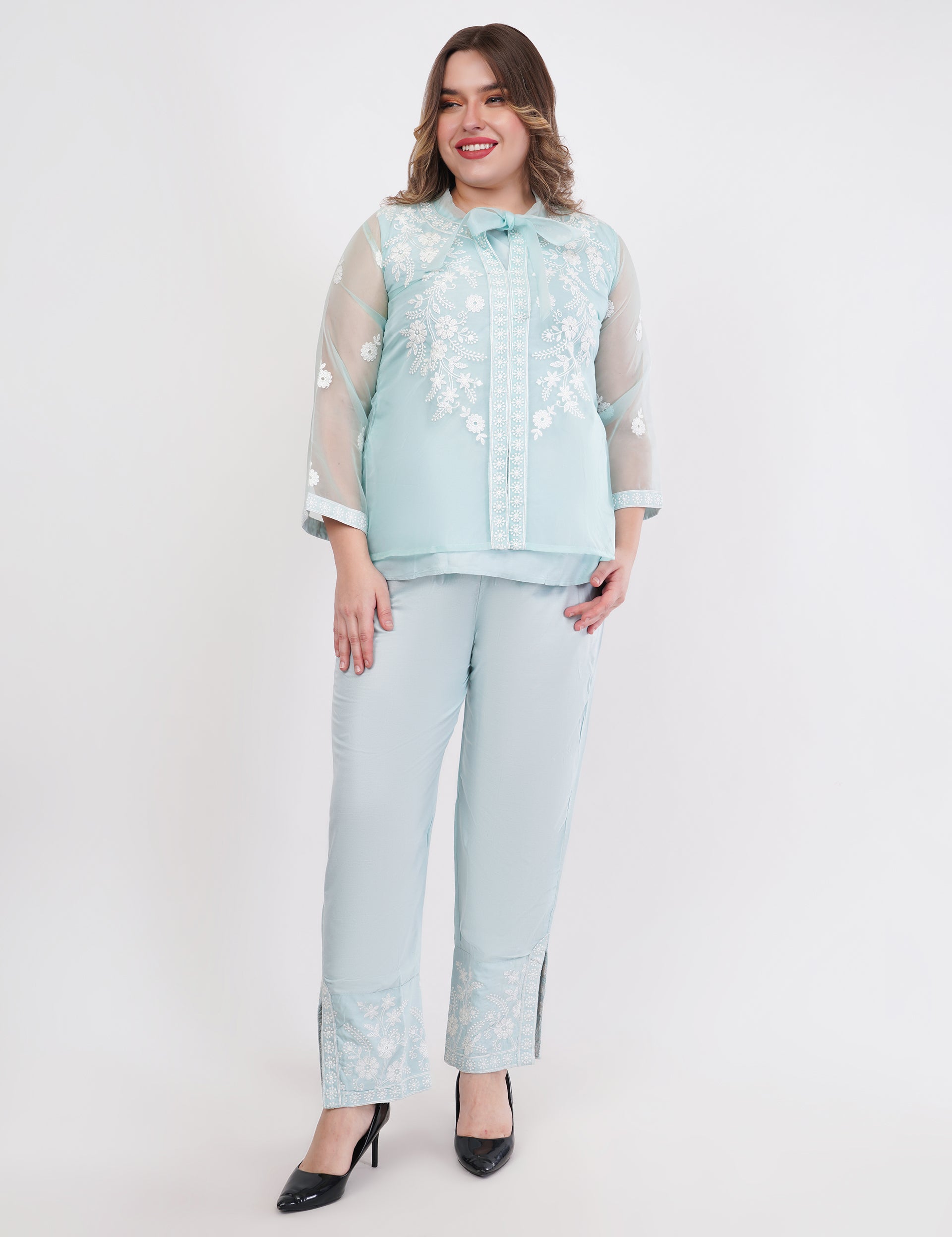 Light Blue Embroidered Organza Co-Ord Set - Set Of 3