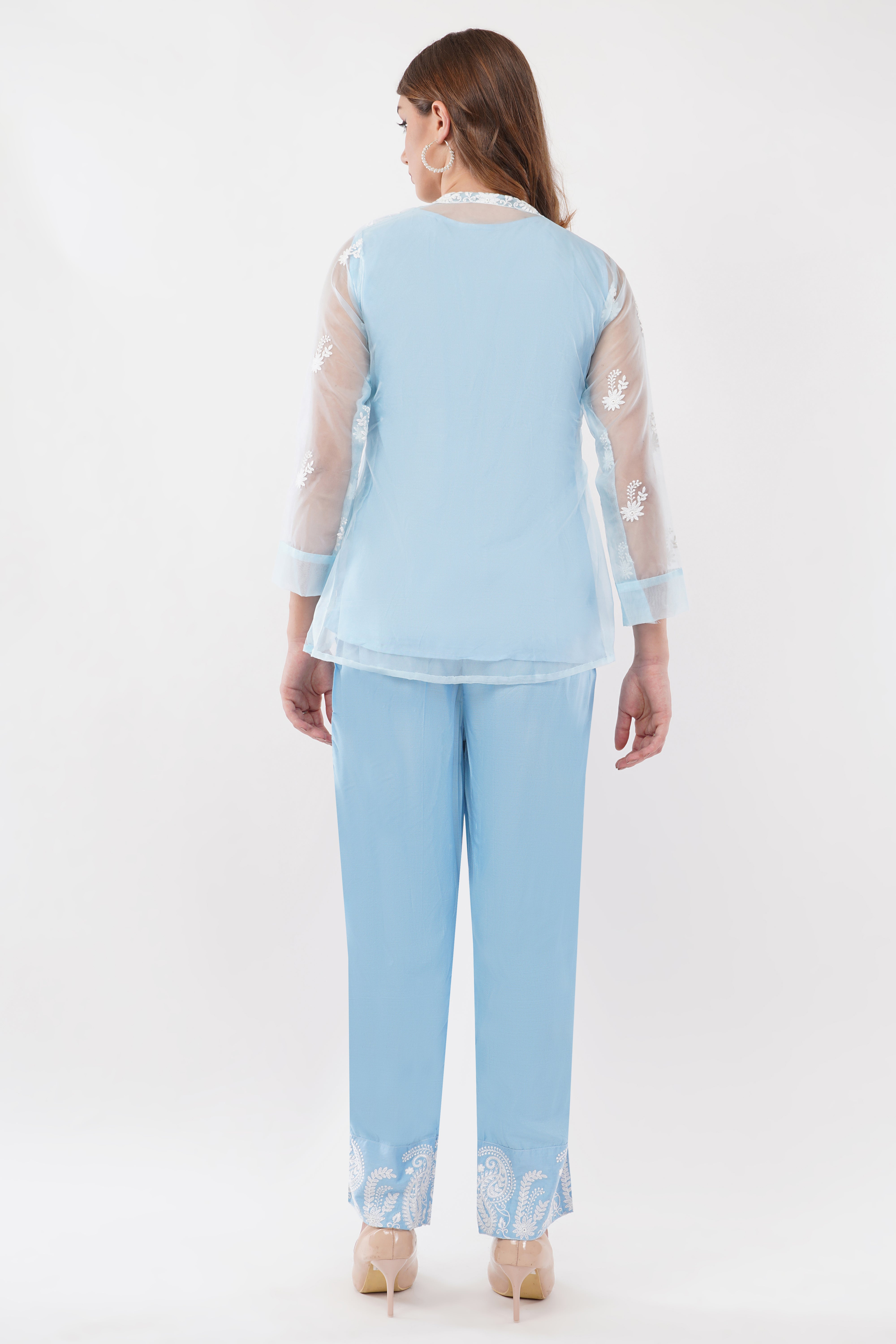 Light Blue Embroidered Organza Co-Ord Set - Set Of 3