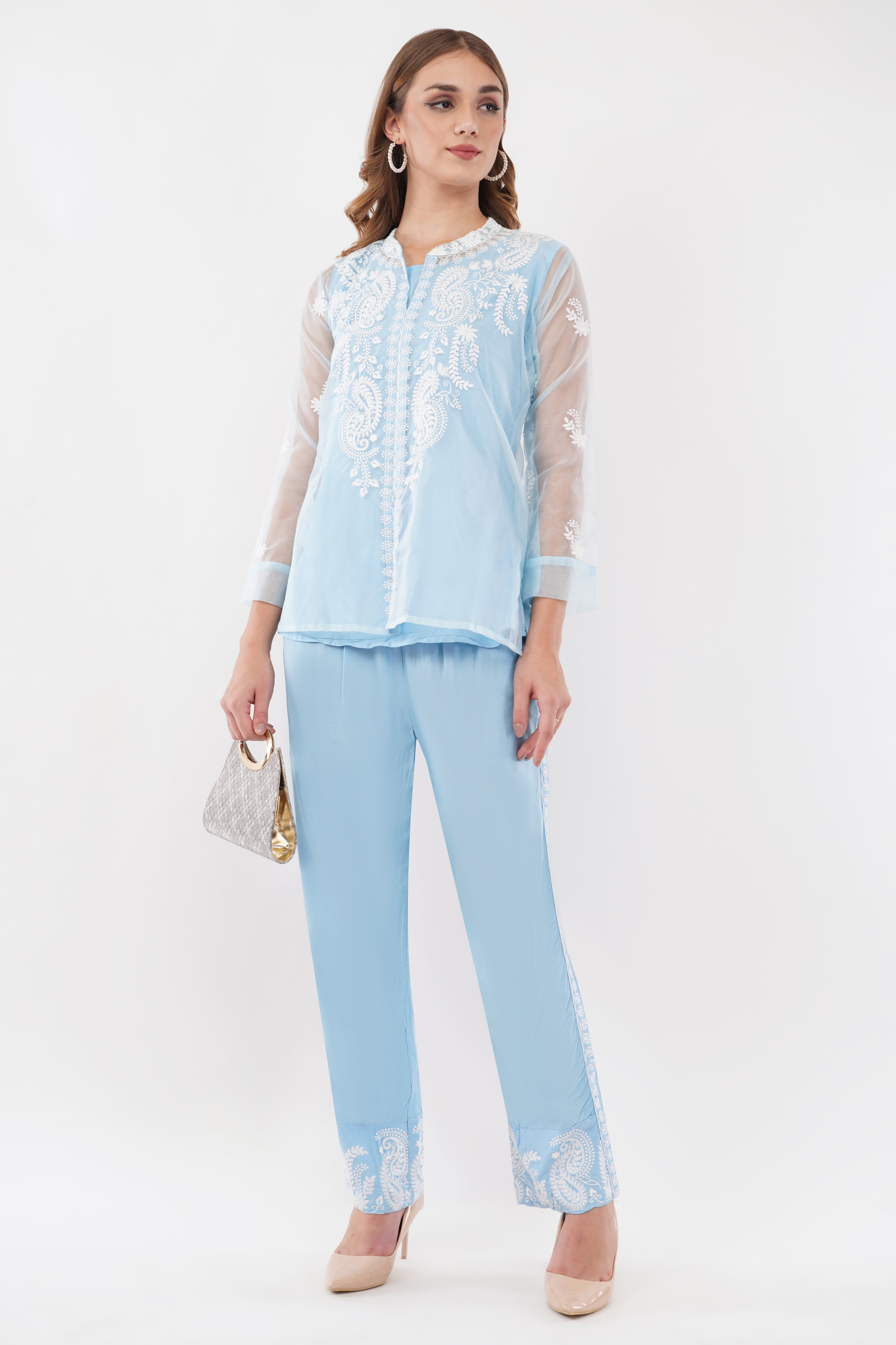 Light Blue Embroidered Organza Co-Ord Set - Set Of 3