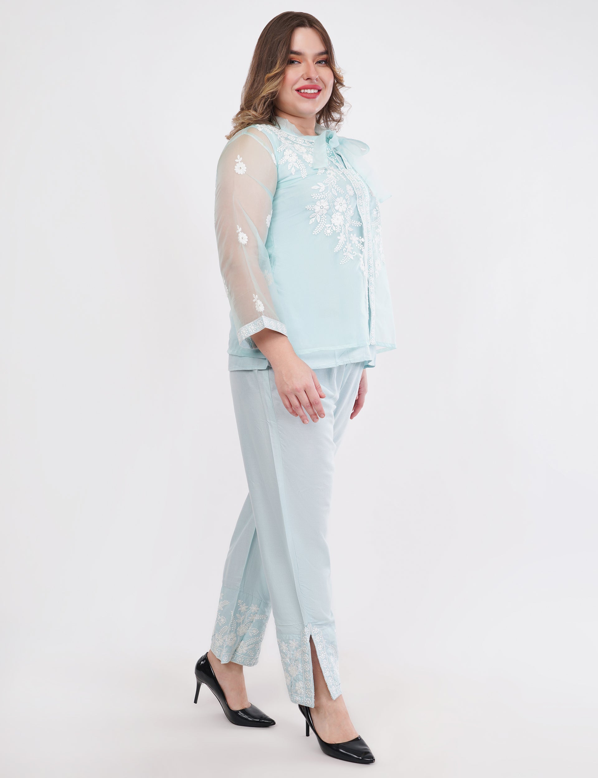 Light Blue Embroidered Organza Co-Ord Set - Set Of 3