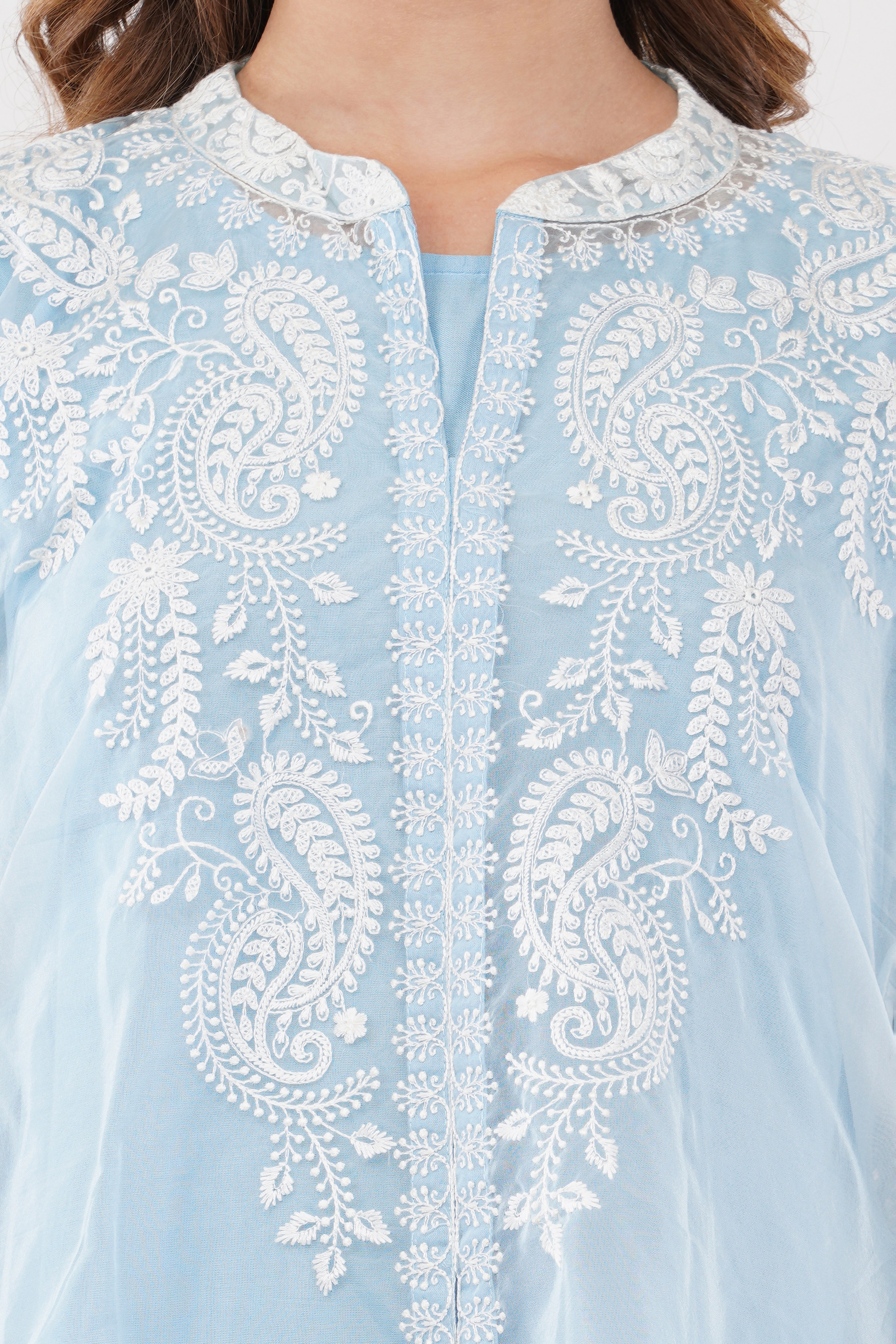 Light Blue Embroidered Organza Co-Ord Set - Set Of 3