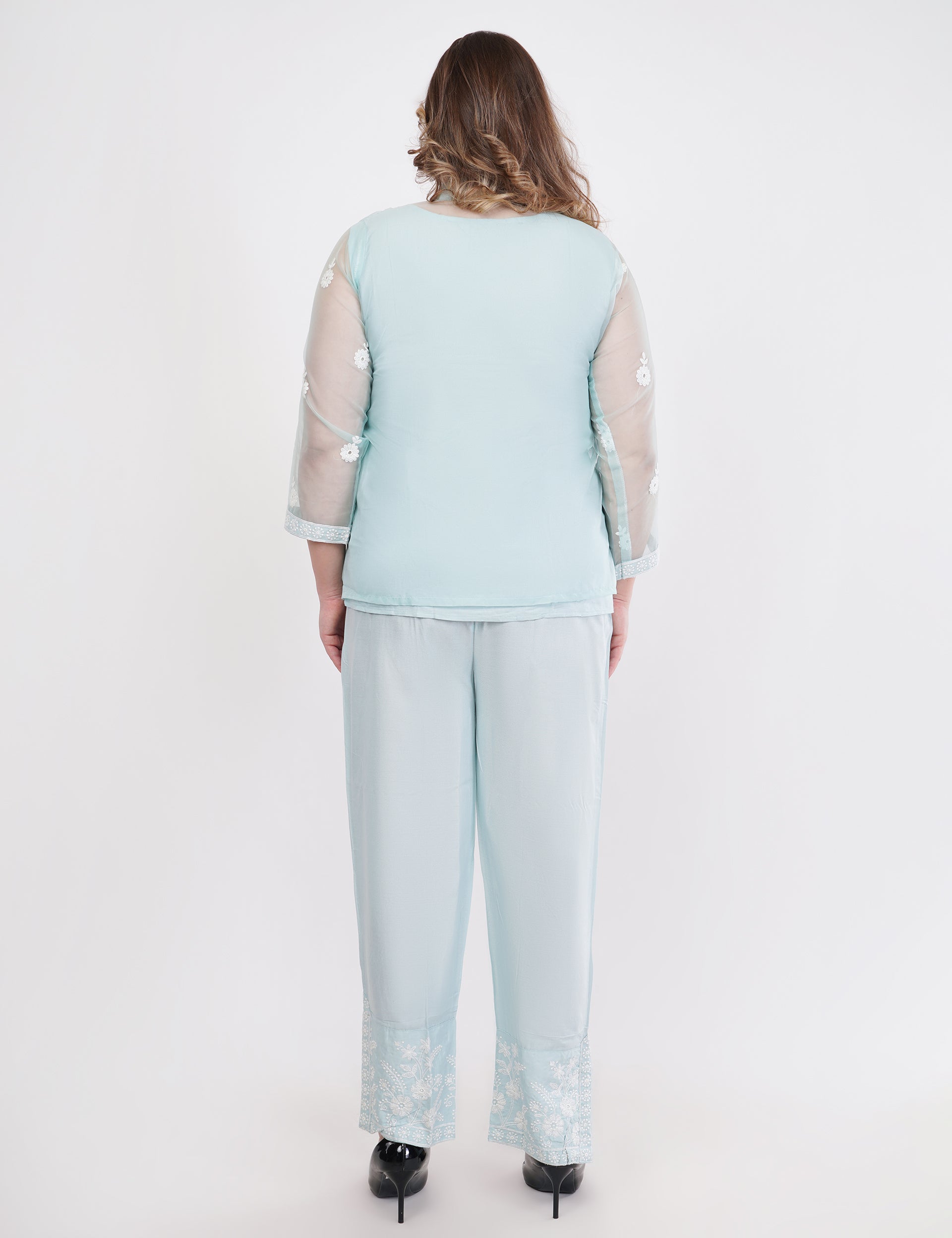 Light Blue Embroidered Organza Co-Ord Set - Set Of 3