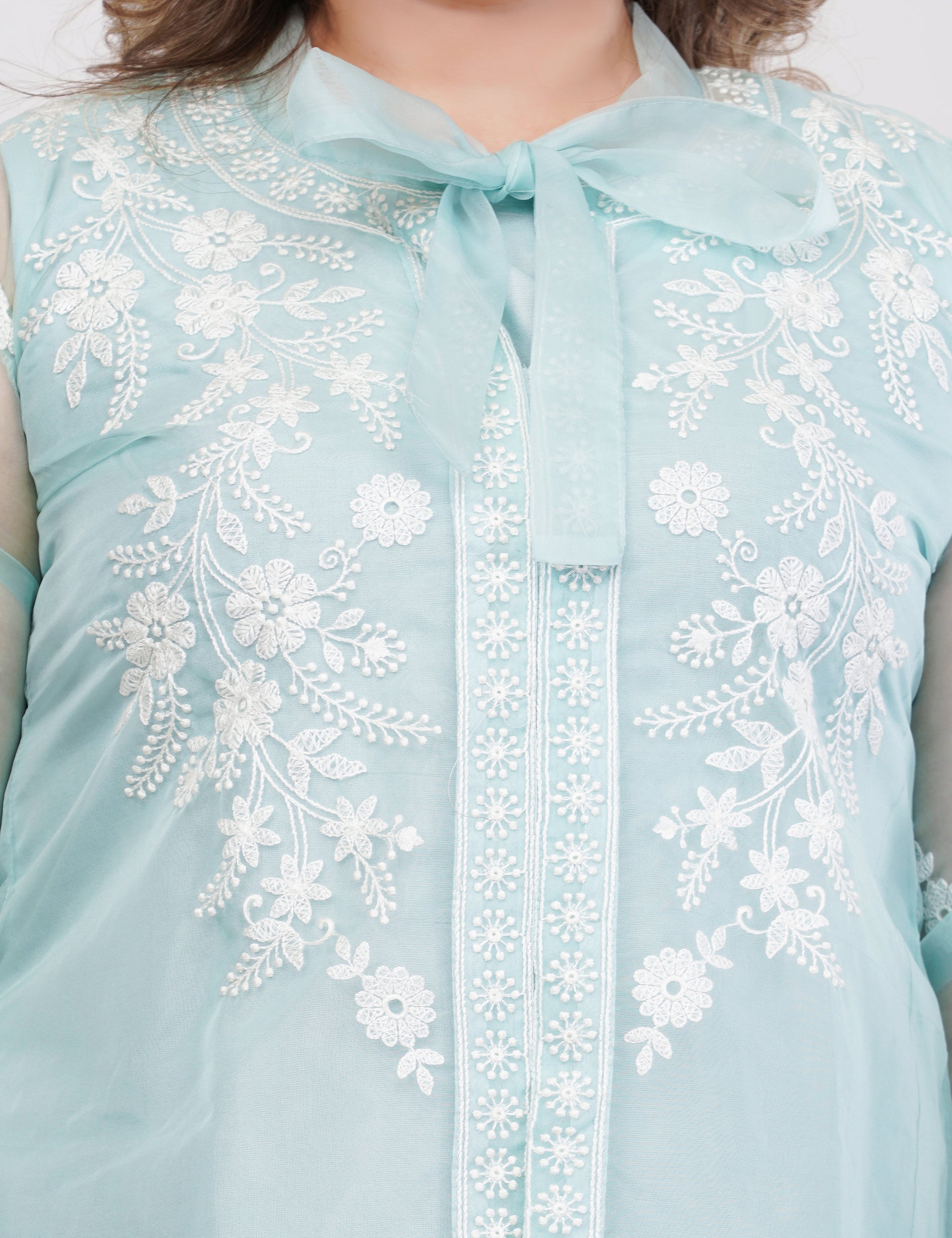 Light Blue Embroidered Organza Co-Ord Set - Set Of 3