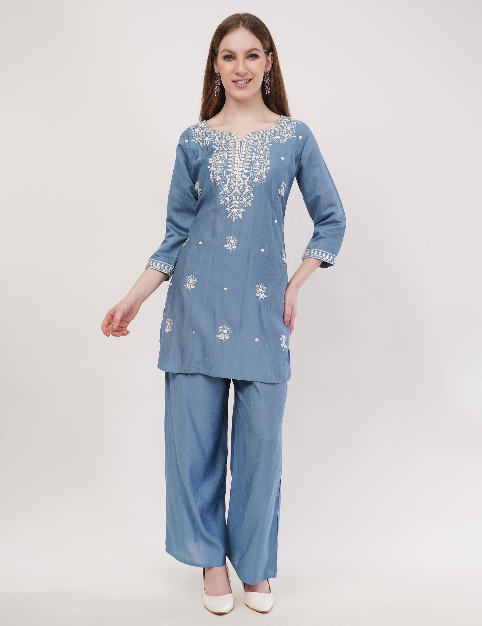 Light Blue Ethnic Co-Ord Set With White Embroidery - Set Of 2