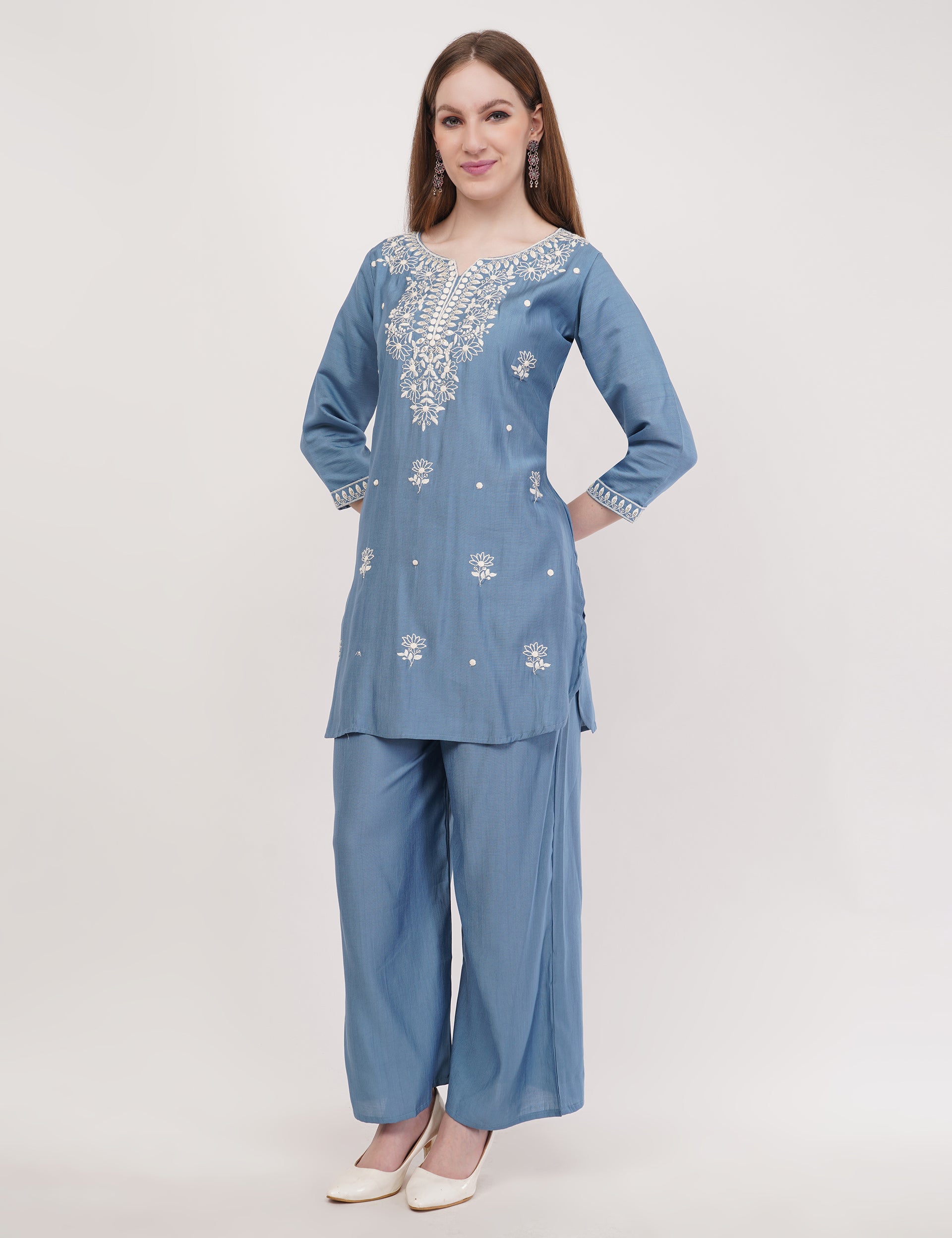 Light Blue Ethnic Co-Ord Set With White Embroidery - Set Of 2