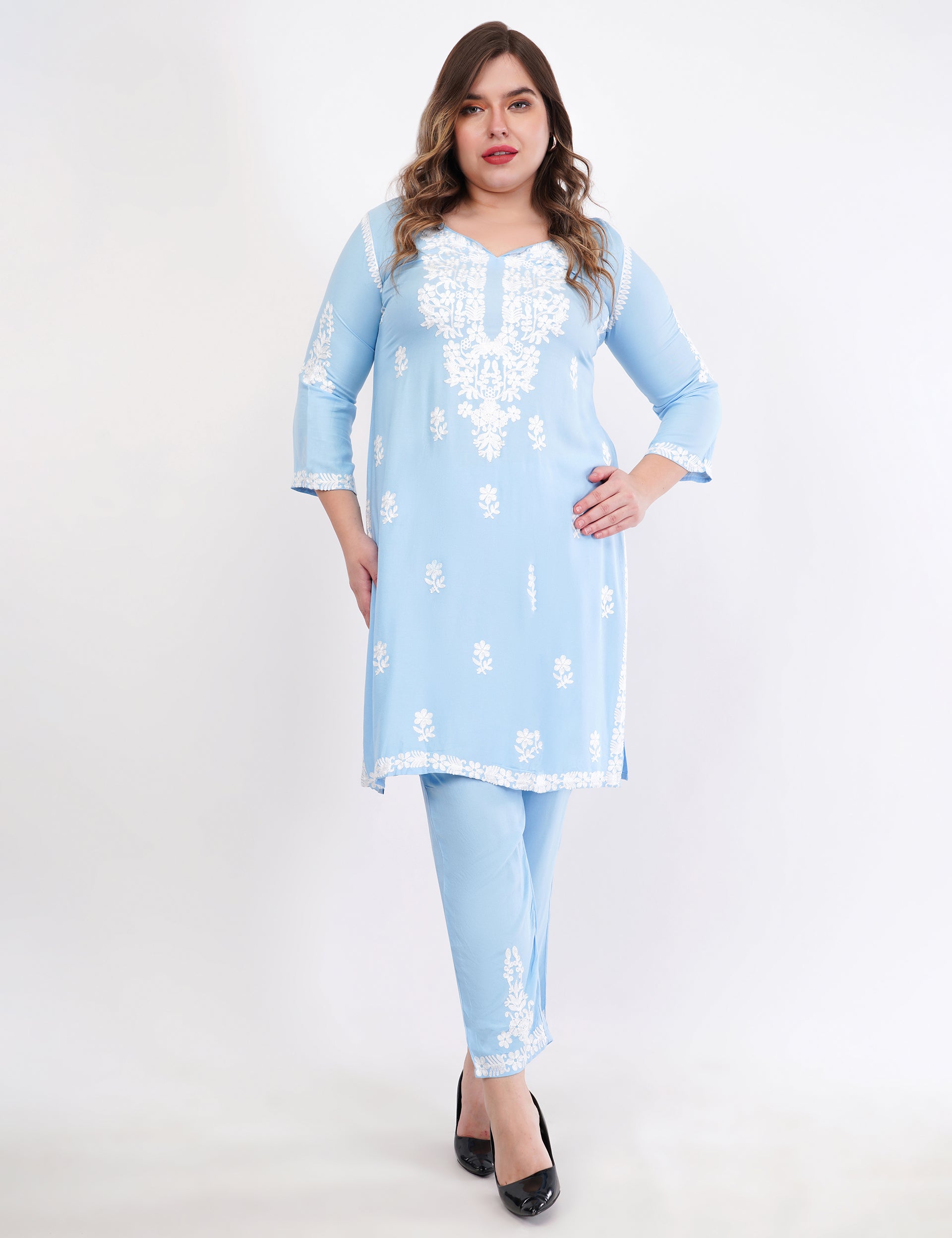 Light Blue Ethnic Kurti Co-Ord Set With White Embroidery - Set Of 2