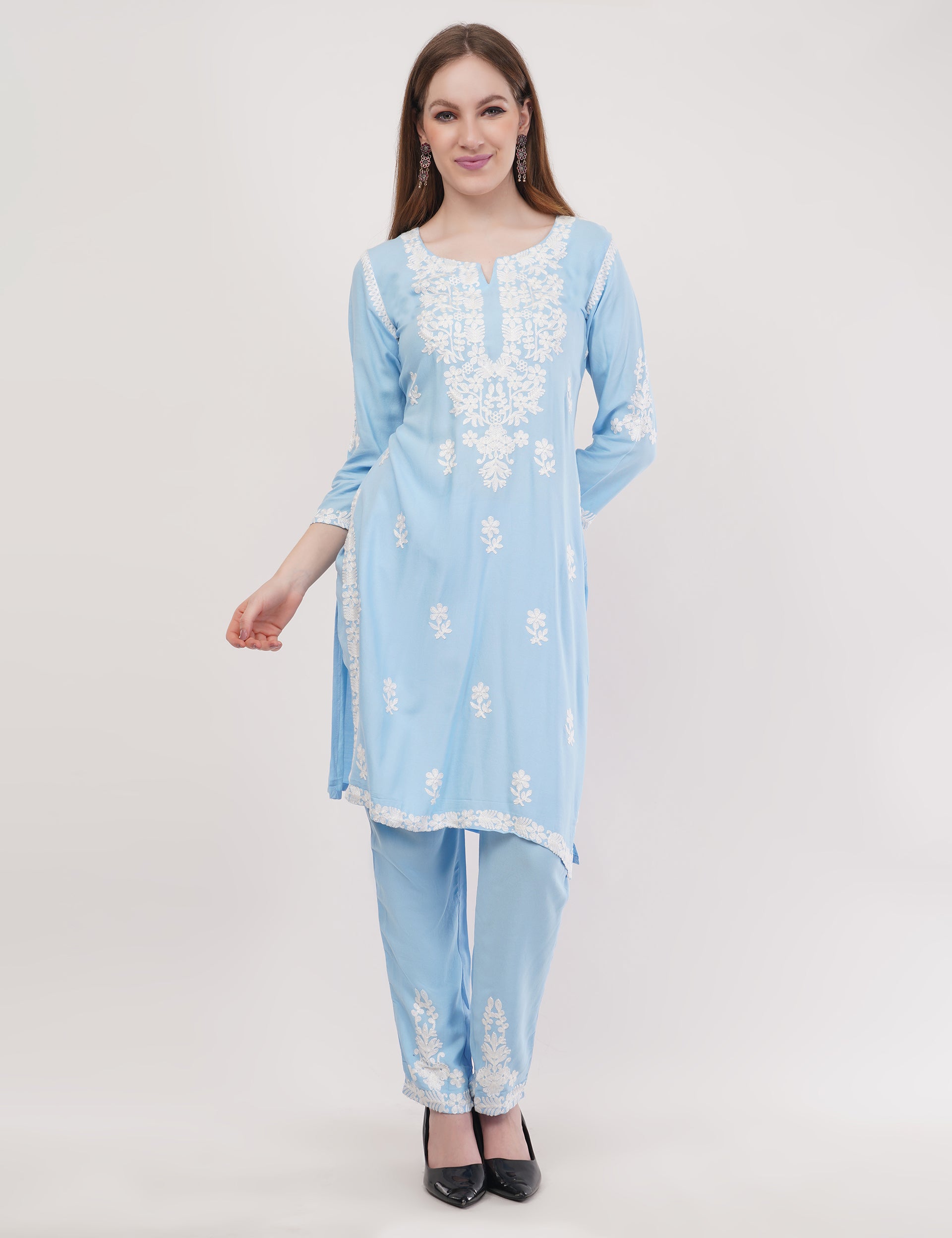 Light Blue Ethnic Kurti Co-Ord Set With White Embroidery - Set Of 2