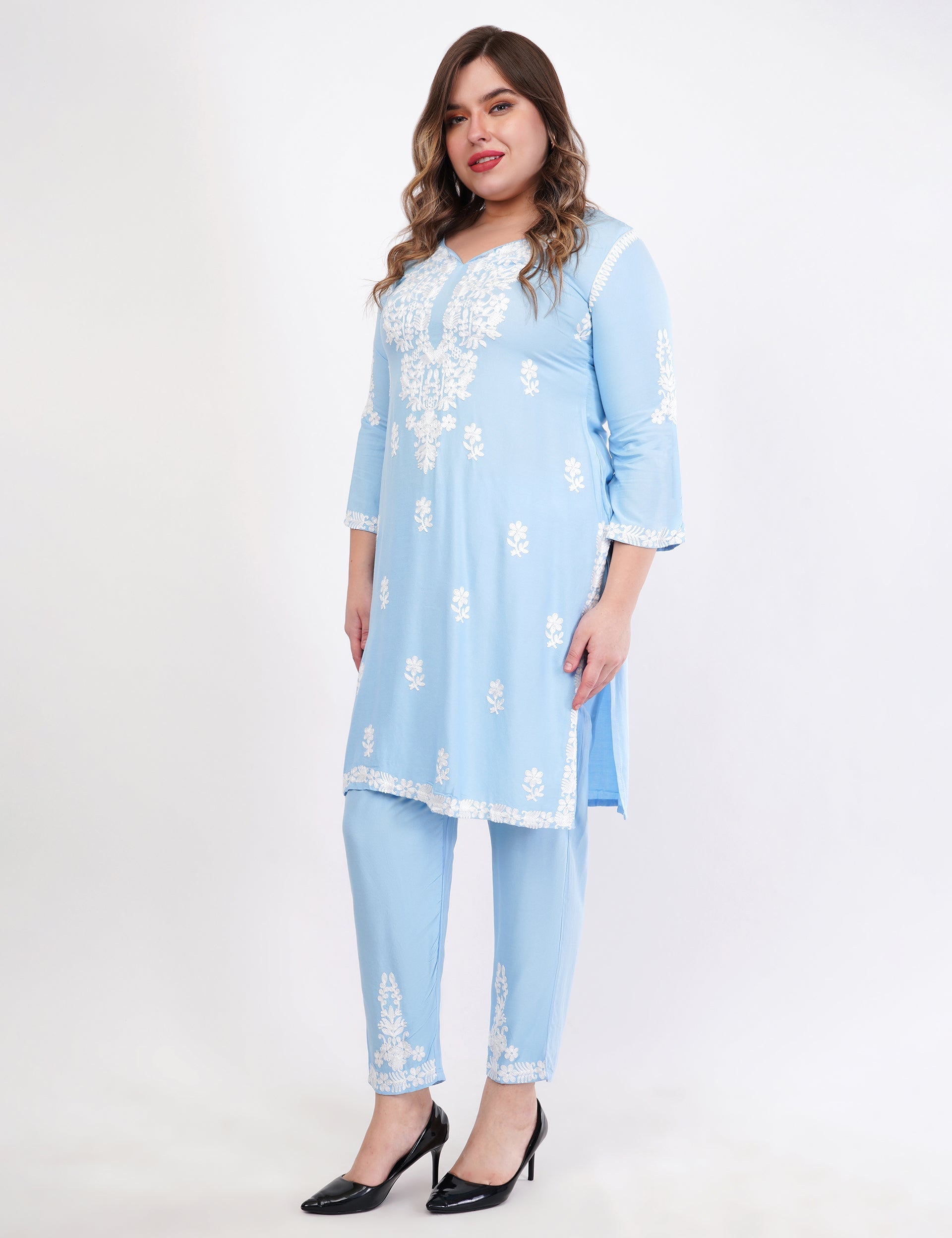 Light Blue Ethnic Kurti Co-Ord Set With White Embroidery - Set Of 2