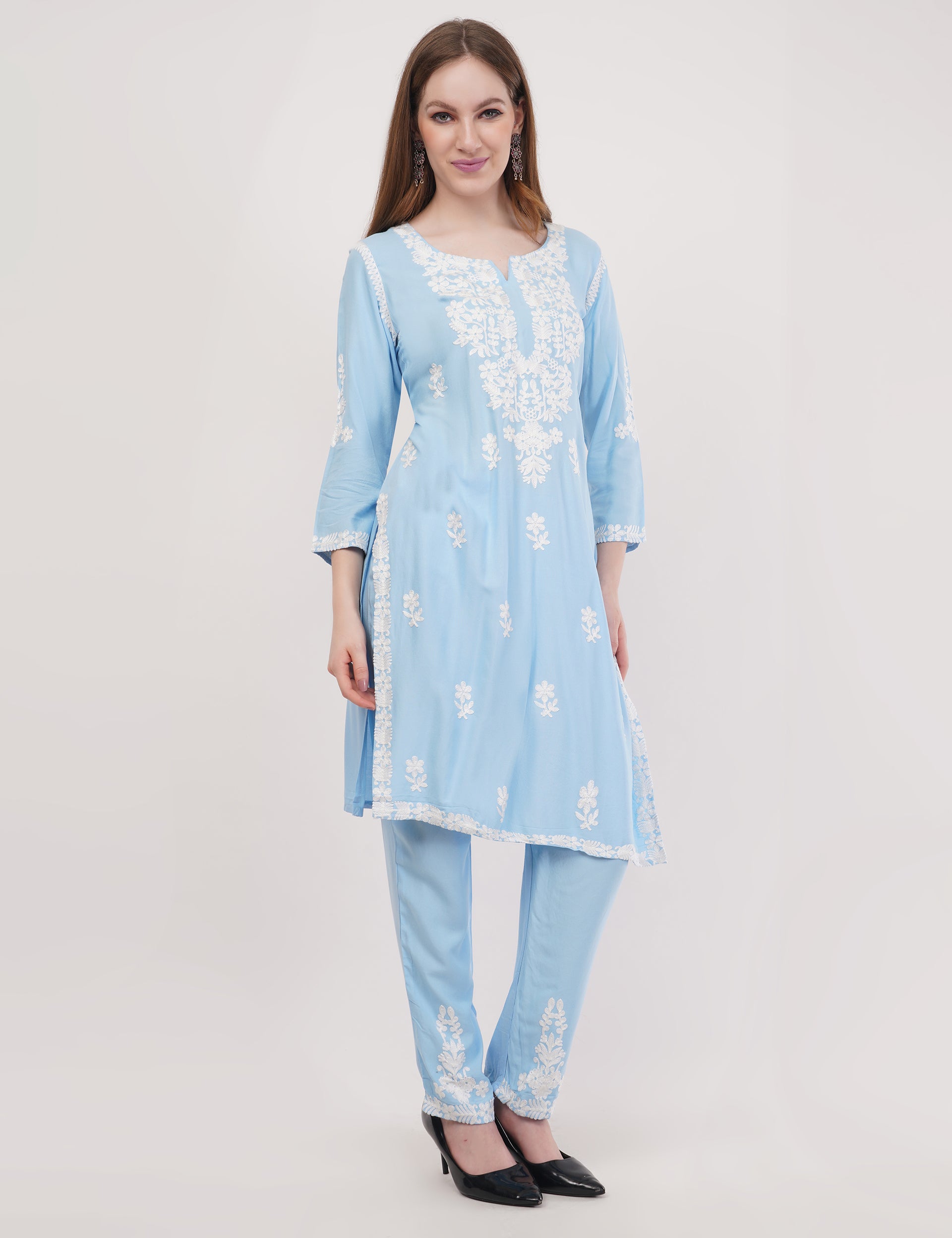 Light Blue Ethnic Kurti Co-Ord Set With White Embroidery - Set Of 2