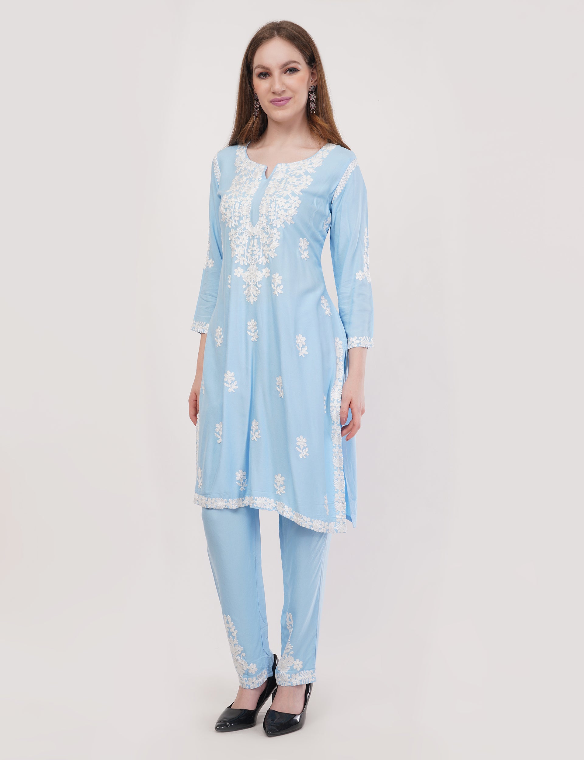 Light Blue Ethnic Kurti Co-Ord Set With White Embroidery - Set Of 2