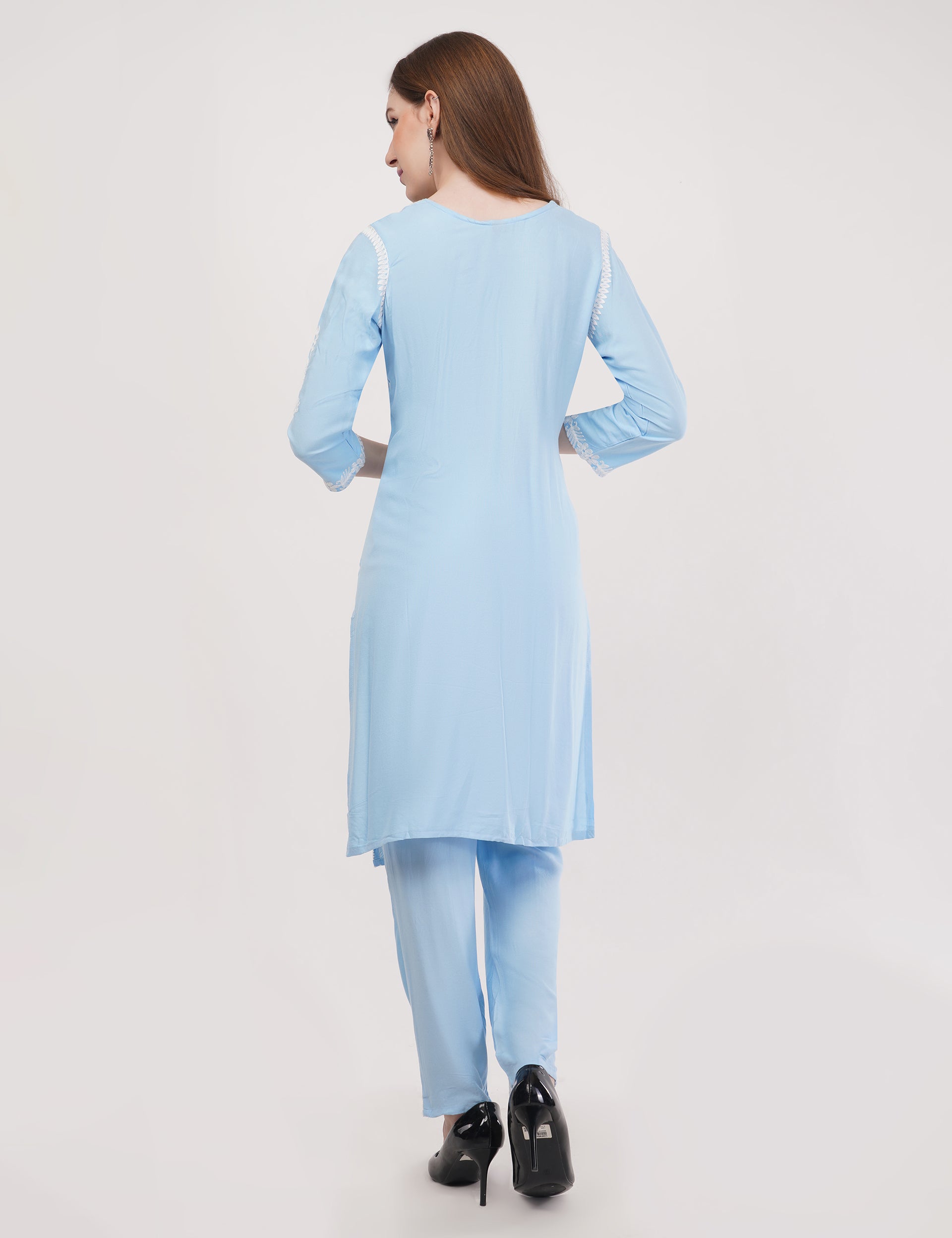 Light Blue Ethnic Kurti Co-Ord Set With White Embroidery - Set Of 2