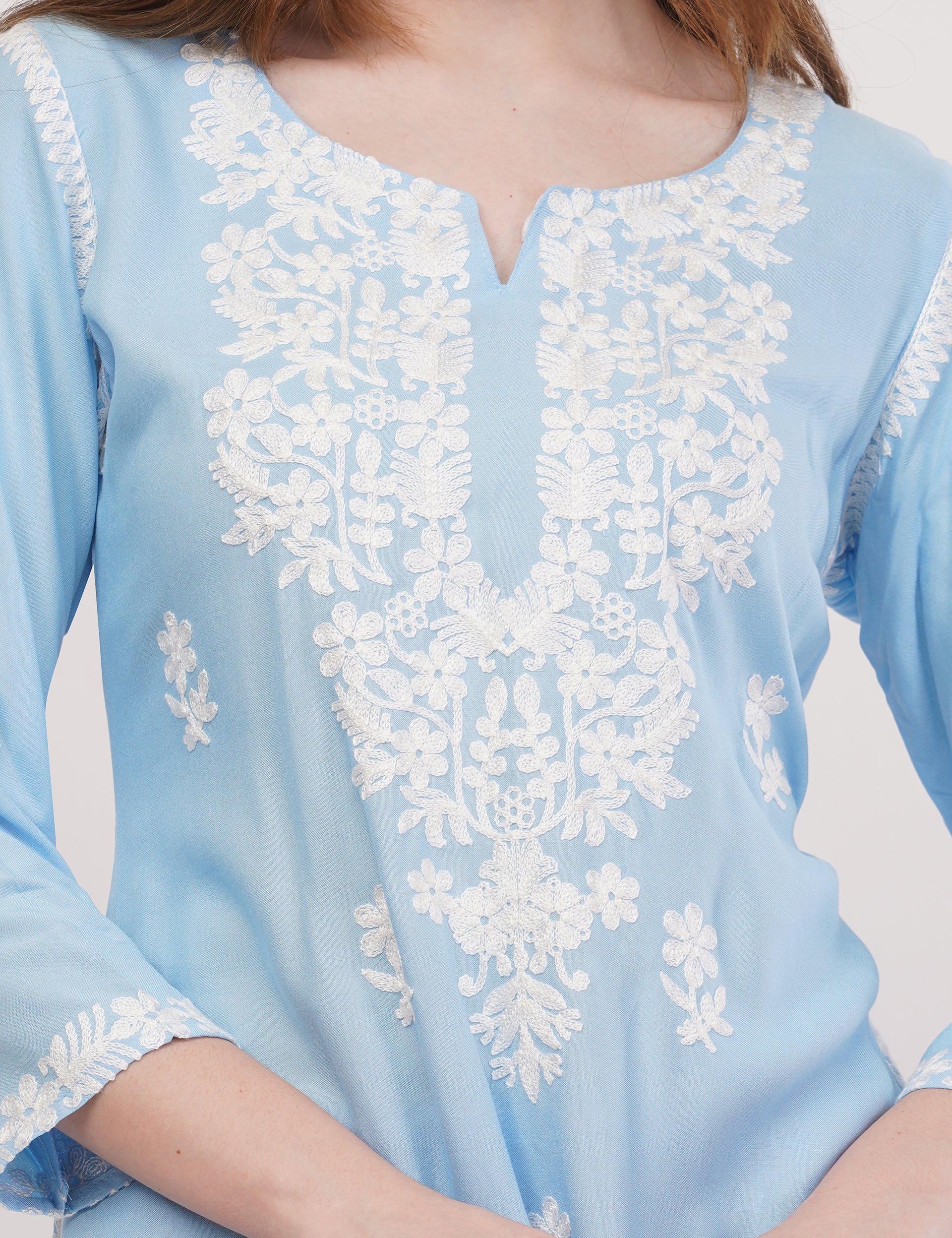 Light Blue Ethnic Kurti Co-Ord Set With White Embroidery - Set Of 2