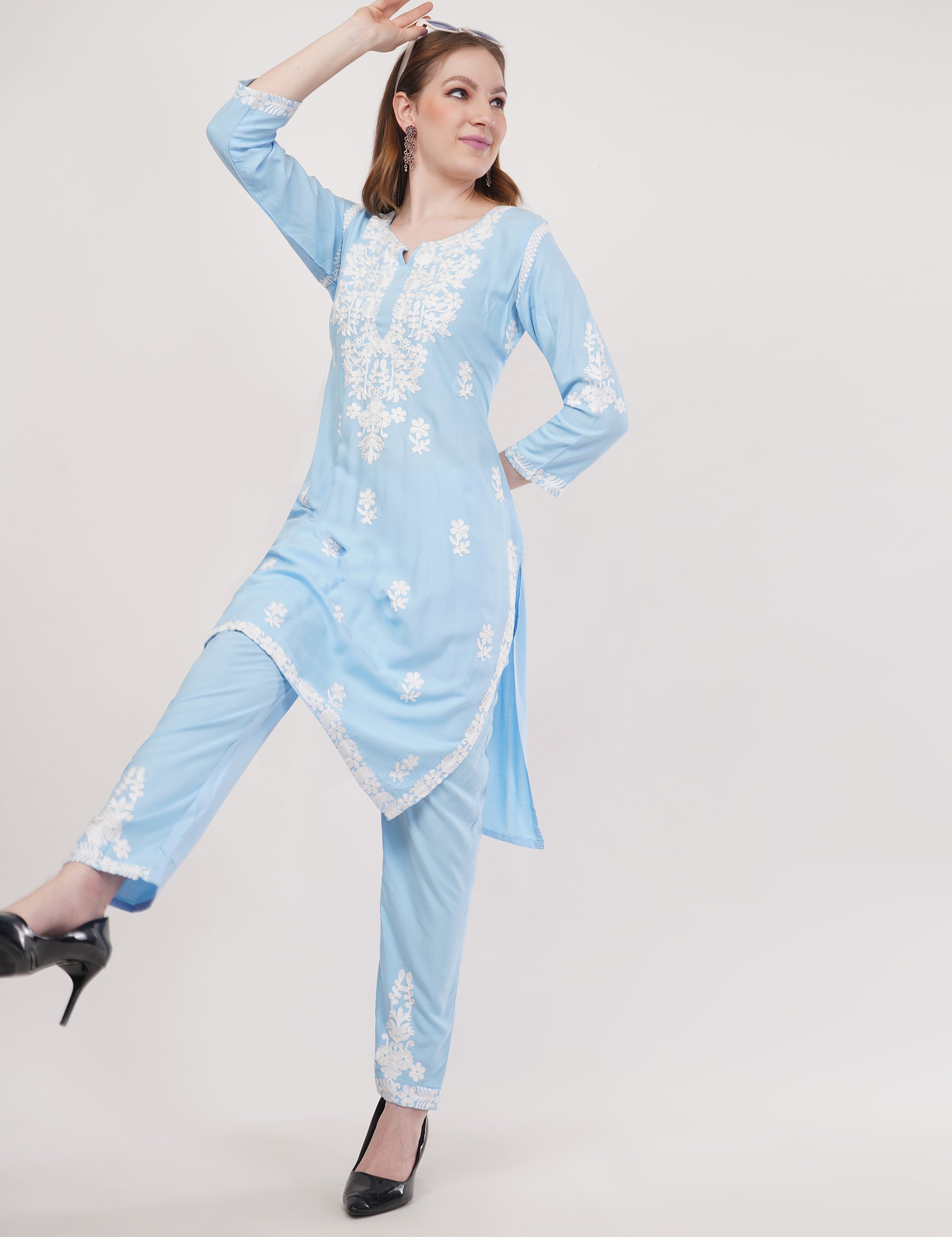 Light Blue Ethnic Kurti Co-Ord Set With White Embroidery - Set Of 2