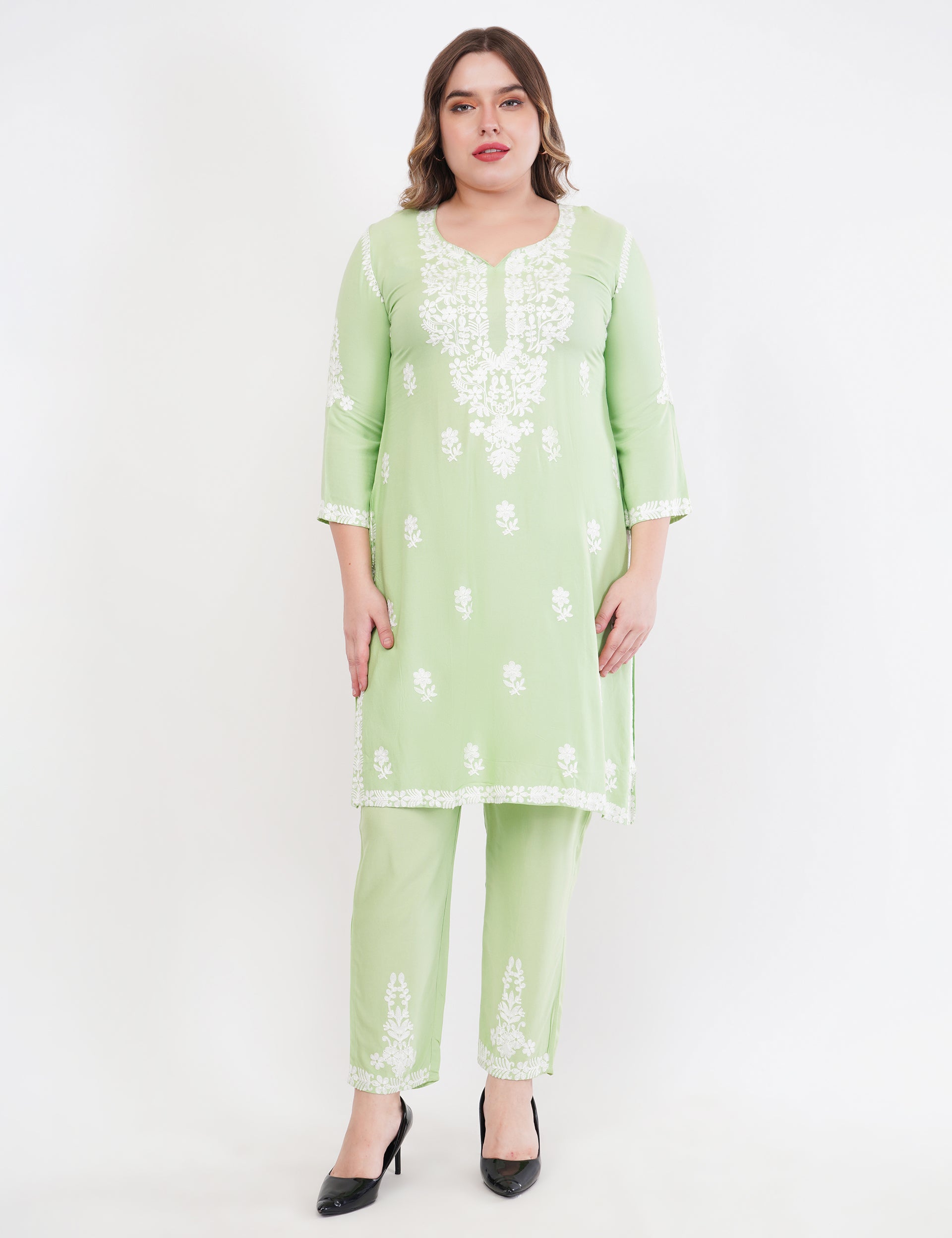 Light Green Ethnic Kurti Co-Ord Set With White Embroidery - Set Of 2