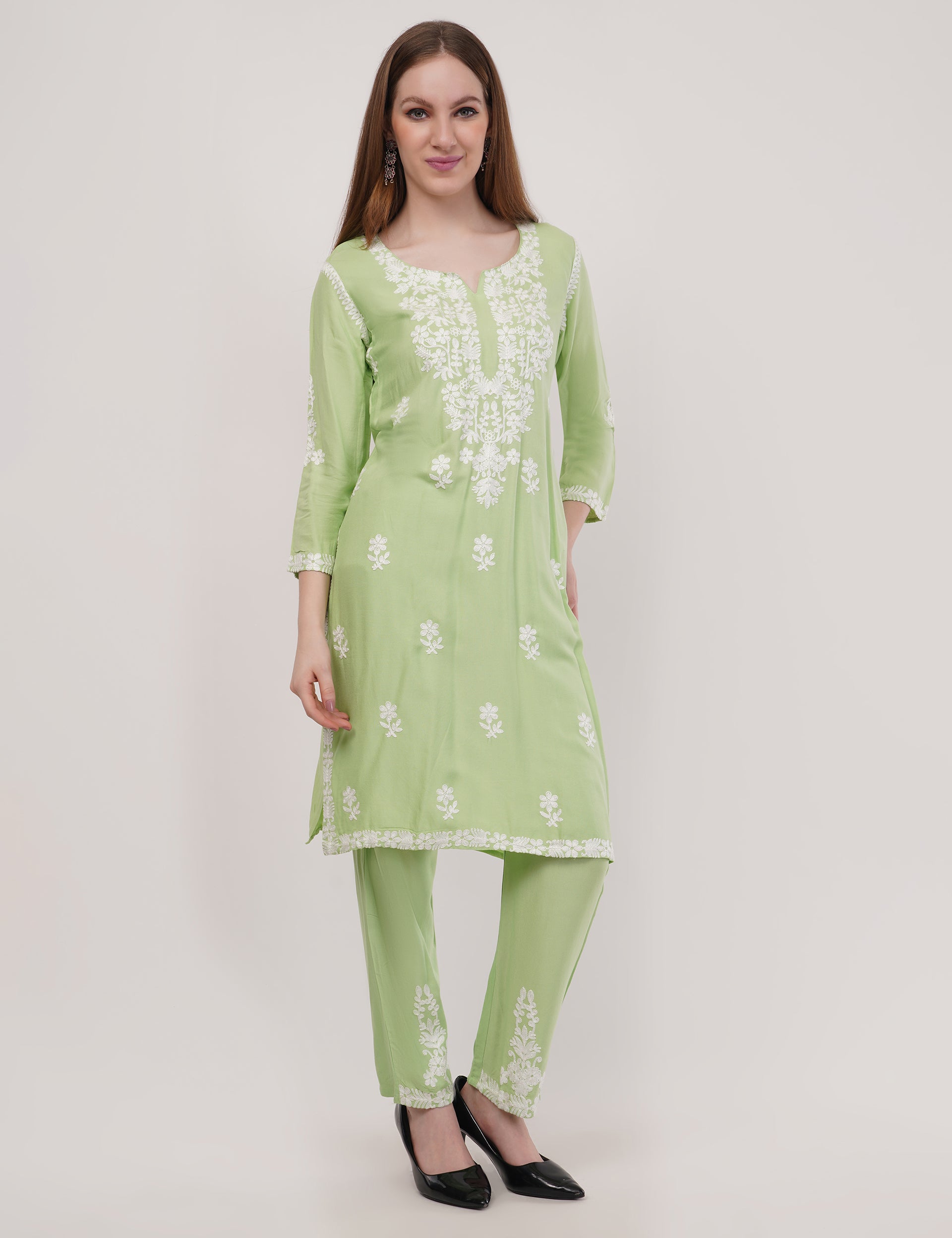 Light Green Ethnic Kurti Co-Ord Set With White Embroidery - Set Of 2