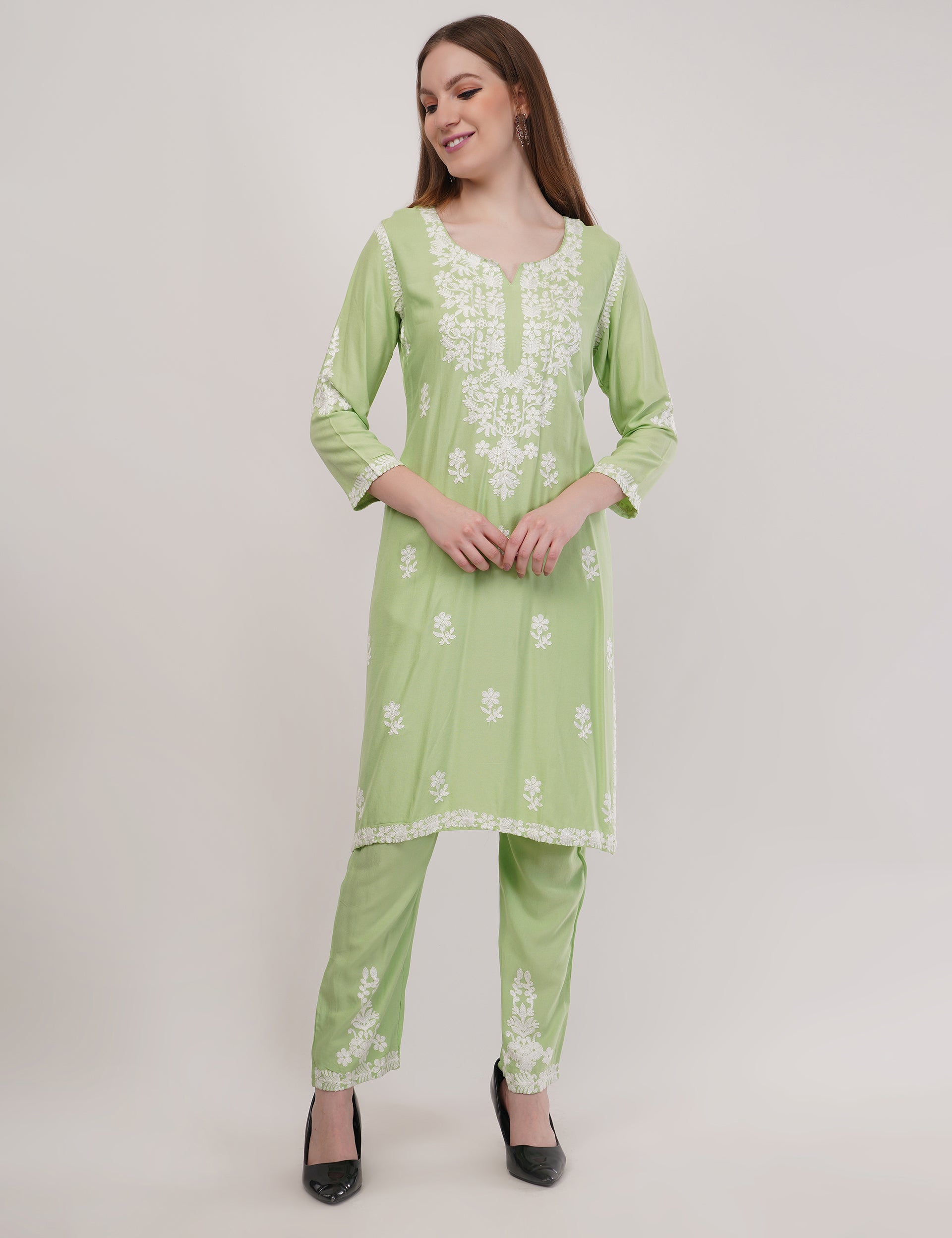 Light Green Ethnic Kurti Co-Ord Set With White Embroidery - Set Of 2