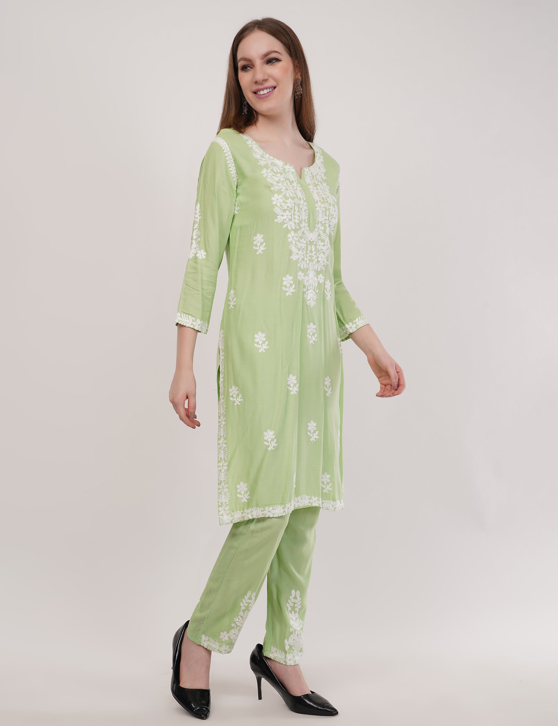 Light Green Ethnic Kurti Co-Ord Set With White Embroidery - Set Of 2