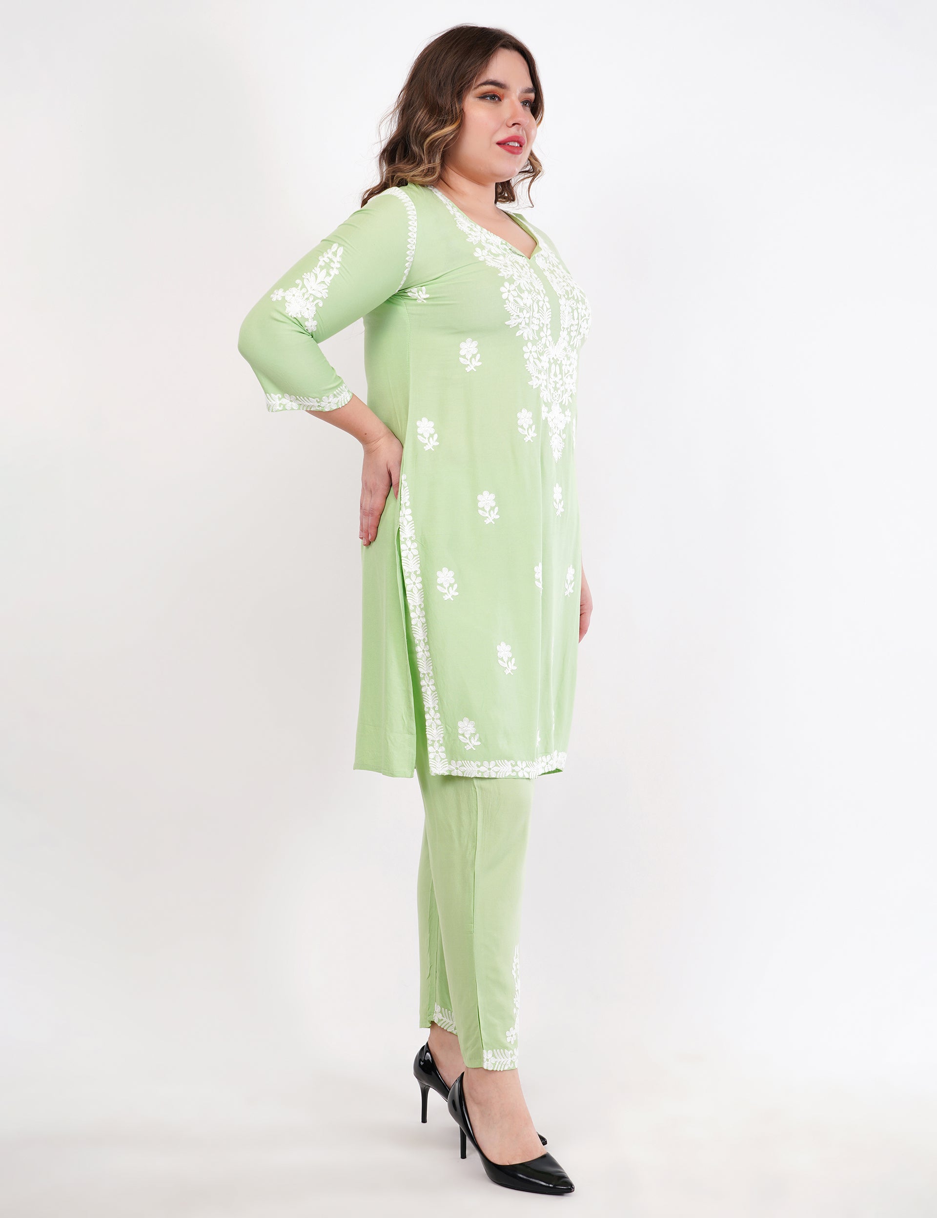 Light Green Ethnic Kurti Co-Ord Set With White Embroidery - Set Of 2