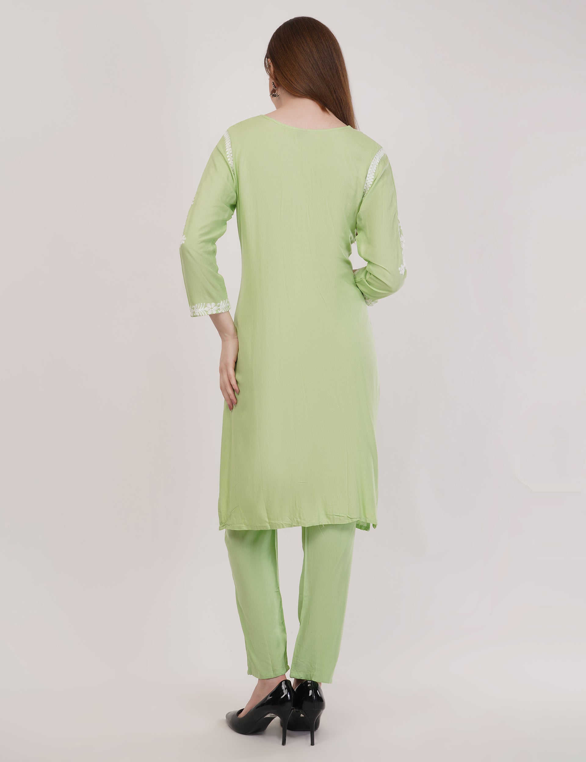 Light Green Ethnic Kurti Co-Ord Set With White Embroidery - Set Of 2