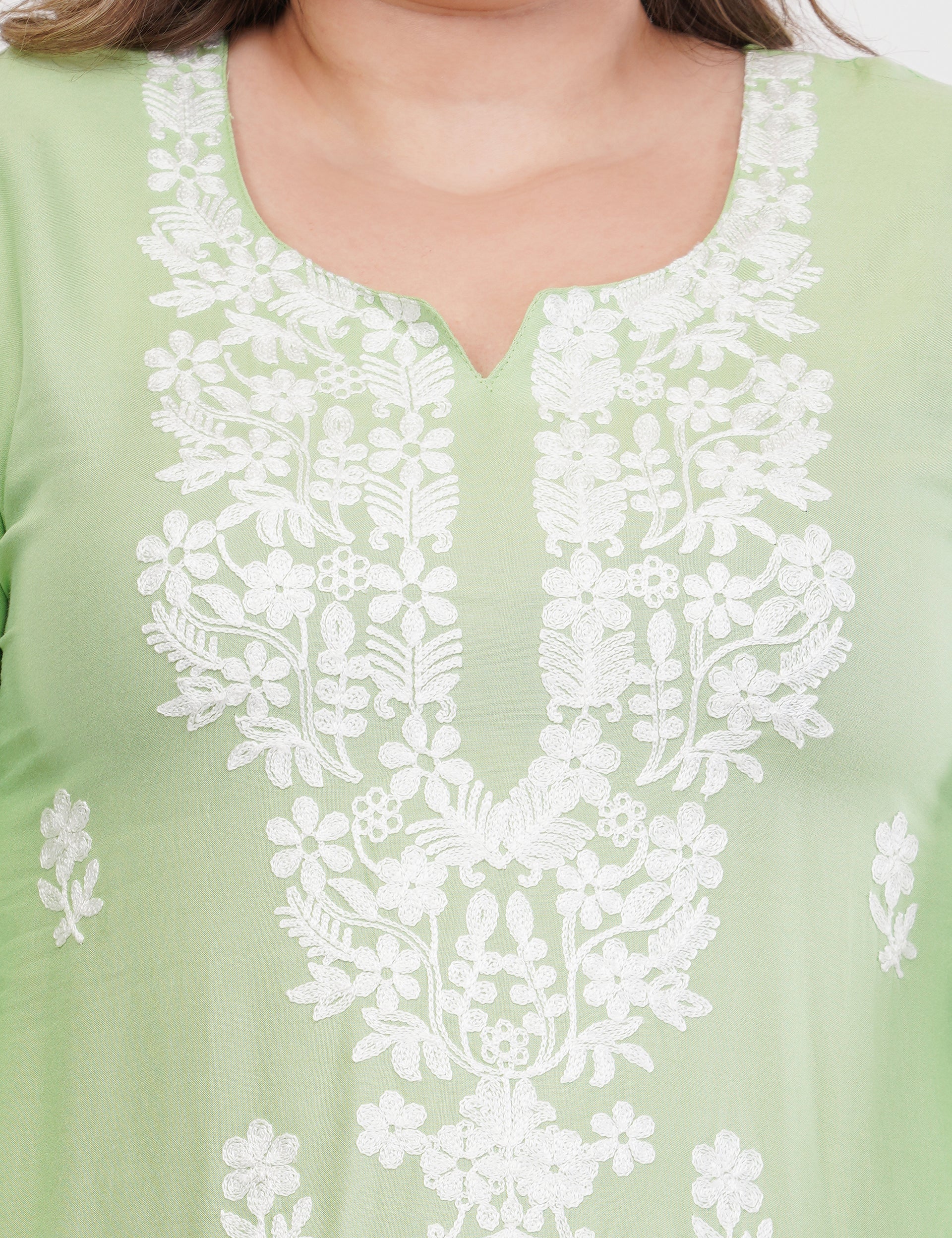 Light Green Ethnic Kurti Co-Ord Set With White Embroidery - Set Of 2