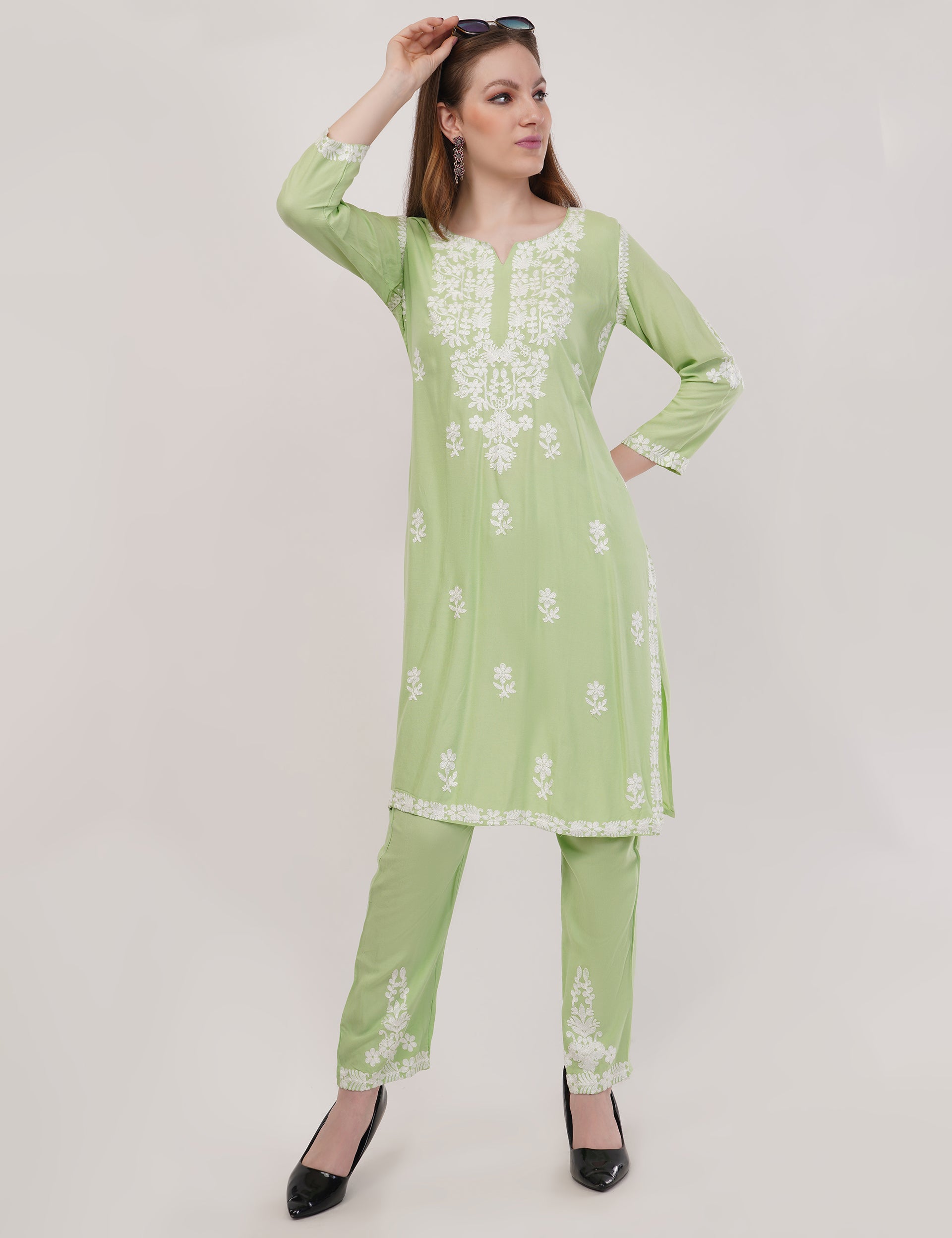 Light Green Ethnic Kurti Co-Ord Set With White Embroidery - Set Of 2