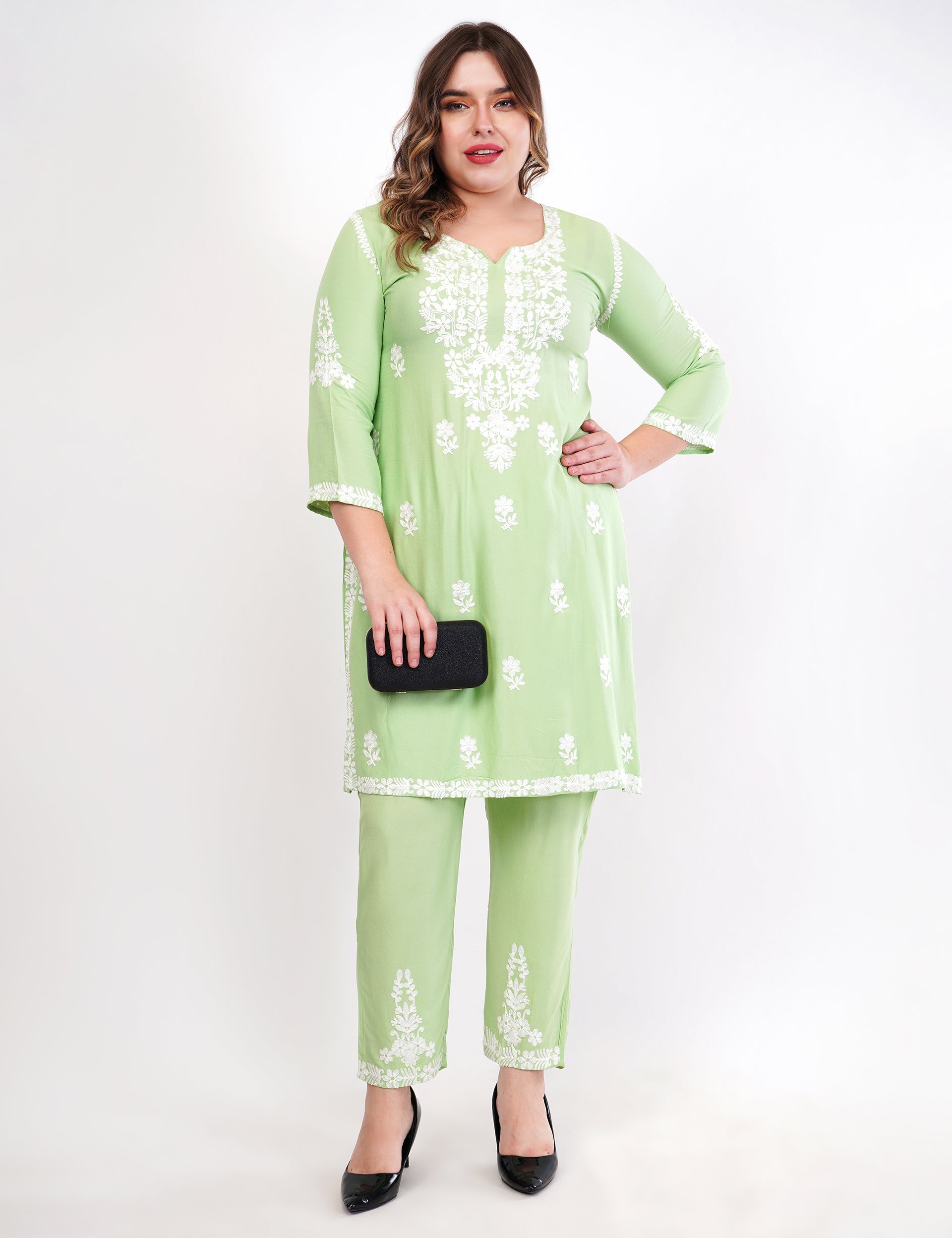 Light Green Ethnic Kurti Co-Ord Set With White Embroidery - Set Of 2