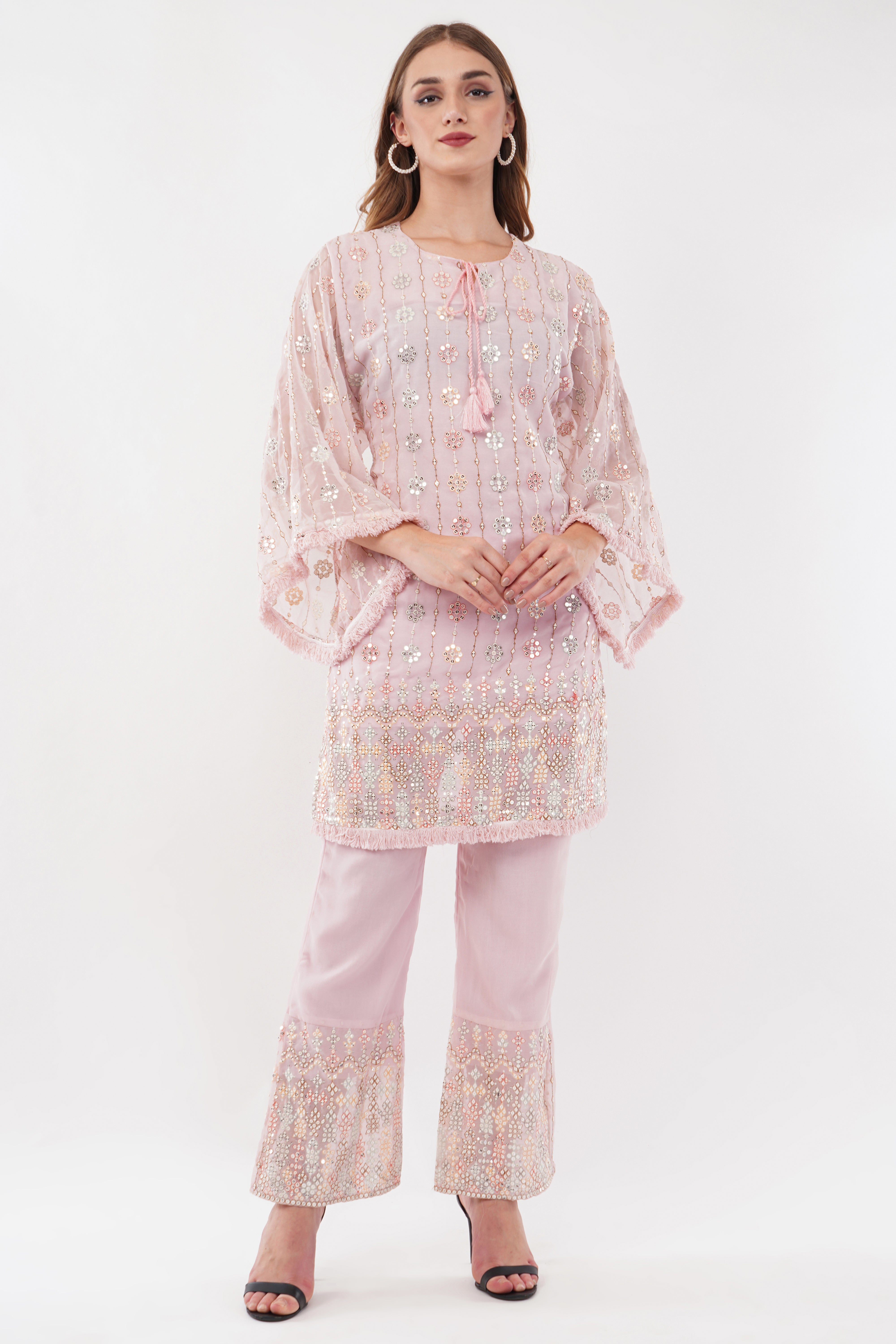 Light Pink Georgette Georgette Embroidered Pastel Co-Ord Set - Set Of 3