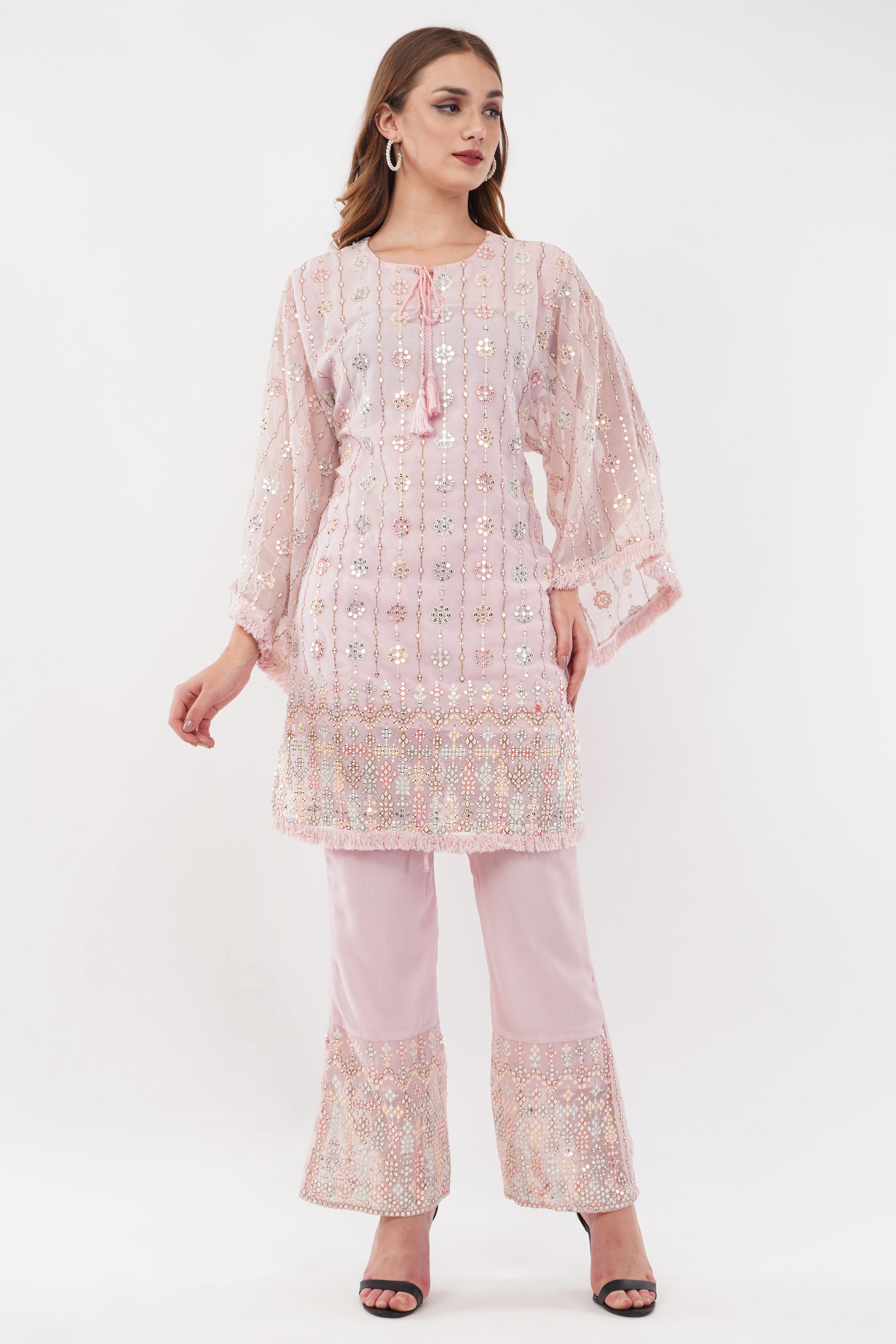 Light Pink Georgette Embroidered Pastel Co-Ord Set - Set Of 2