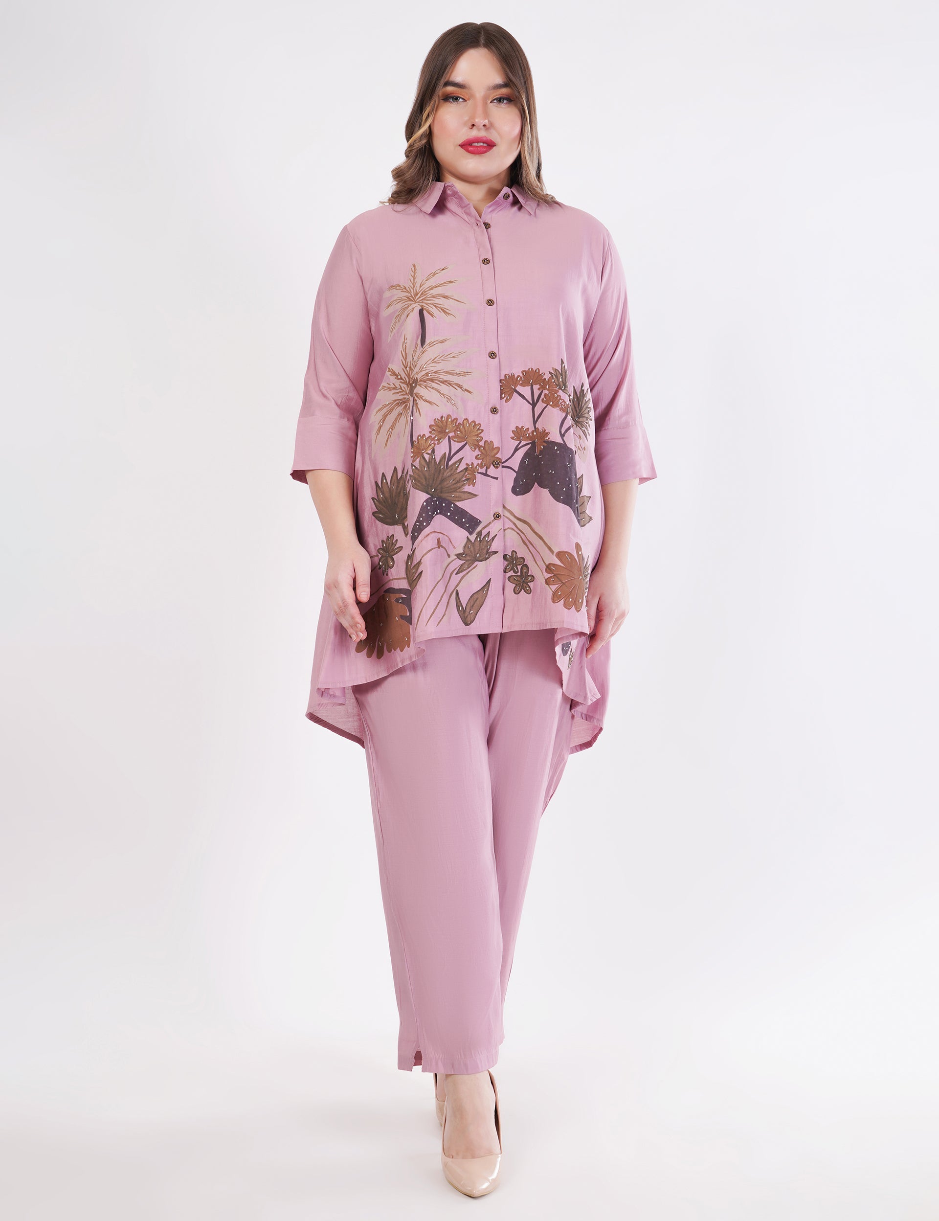 Light Pink Roman Silk Embroidered Shirt Co-Ord Set With Asymmetric Hem  - Set Of 3