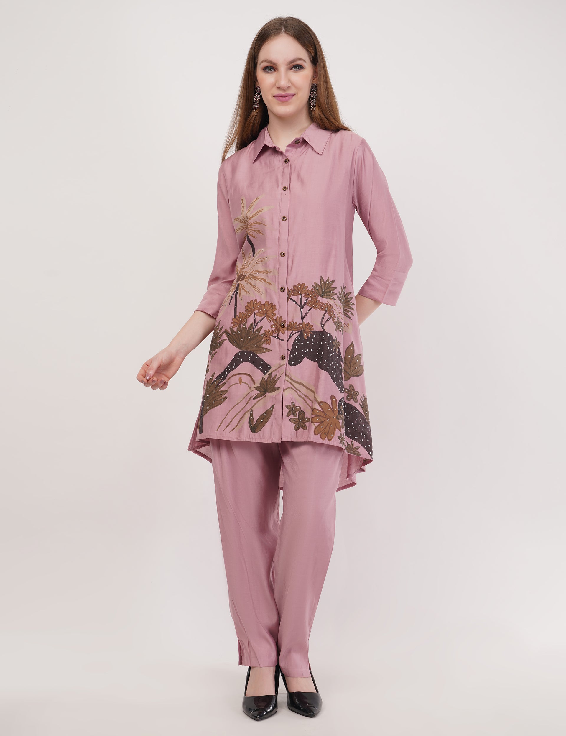 Light Pink Roman Silk Embroidered Shirt Co-Ord Set With Asymmetric Hem  - Set Of 2