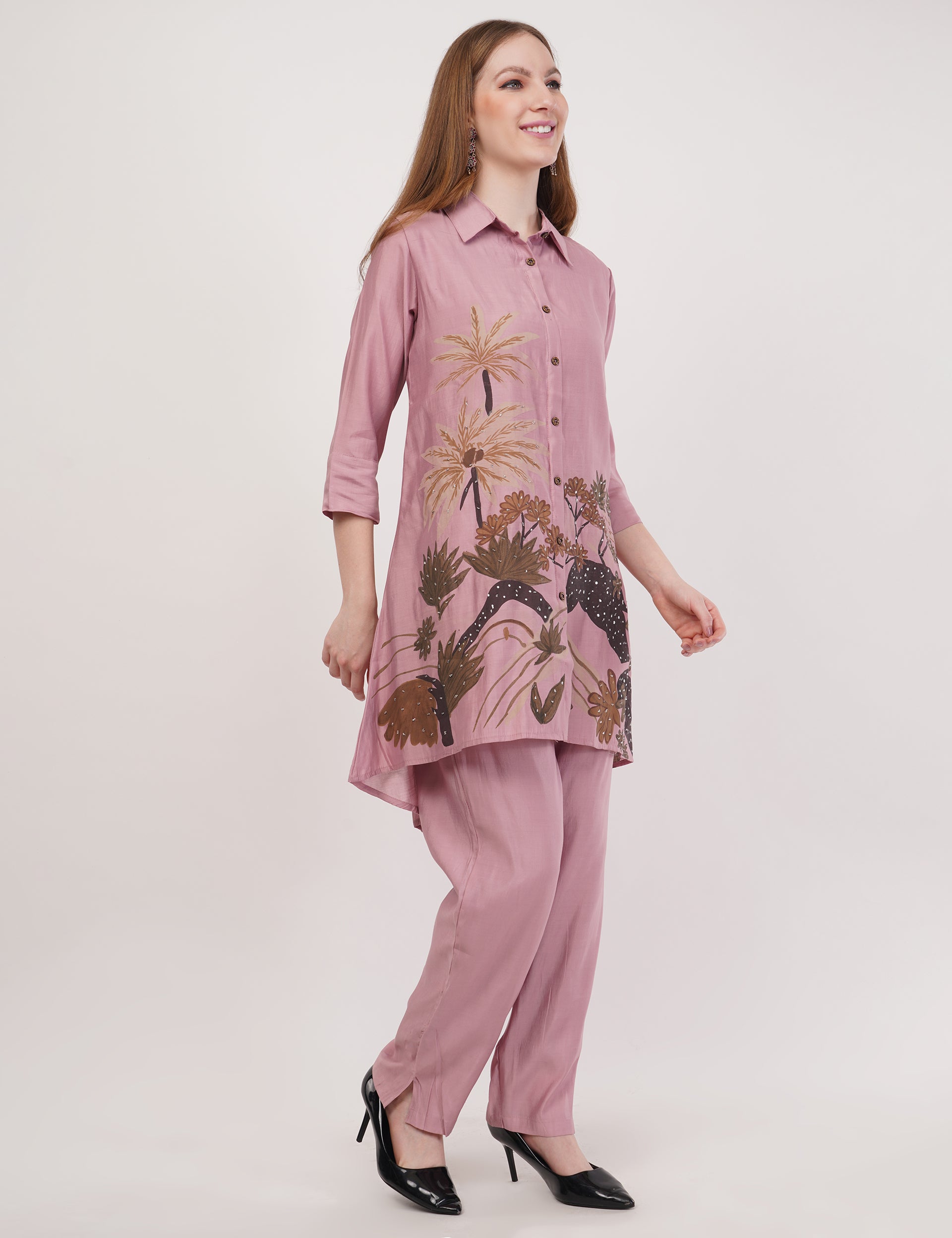 Light Pink Roman Silk Embroidered Shirt Co-Ord Set With Asymmetric Hem  - Set Of 3