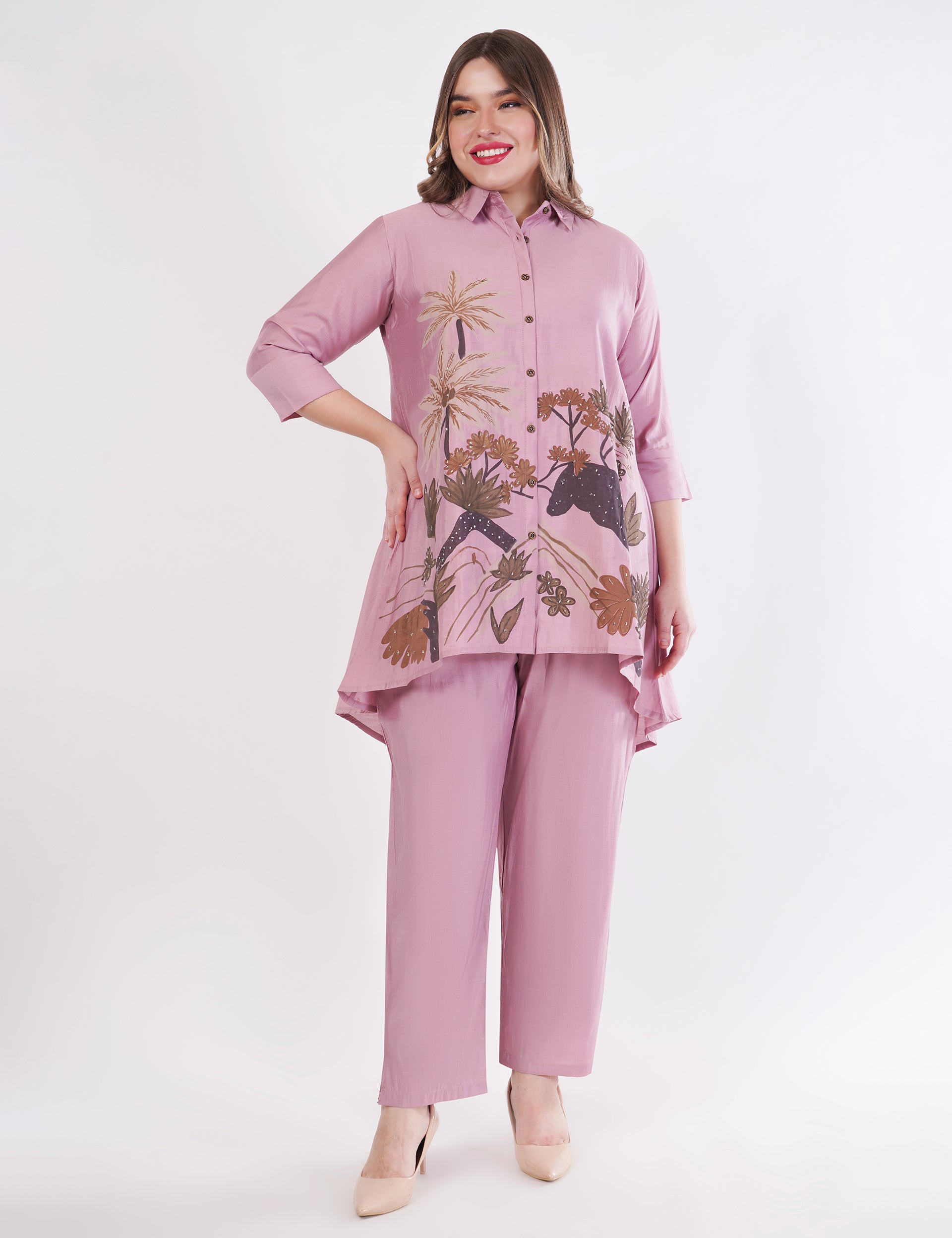 Light Pink Roman Silk Embroidered Shirt Co-Ord Set With Asymmetric Hem  - Set Of 3