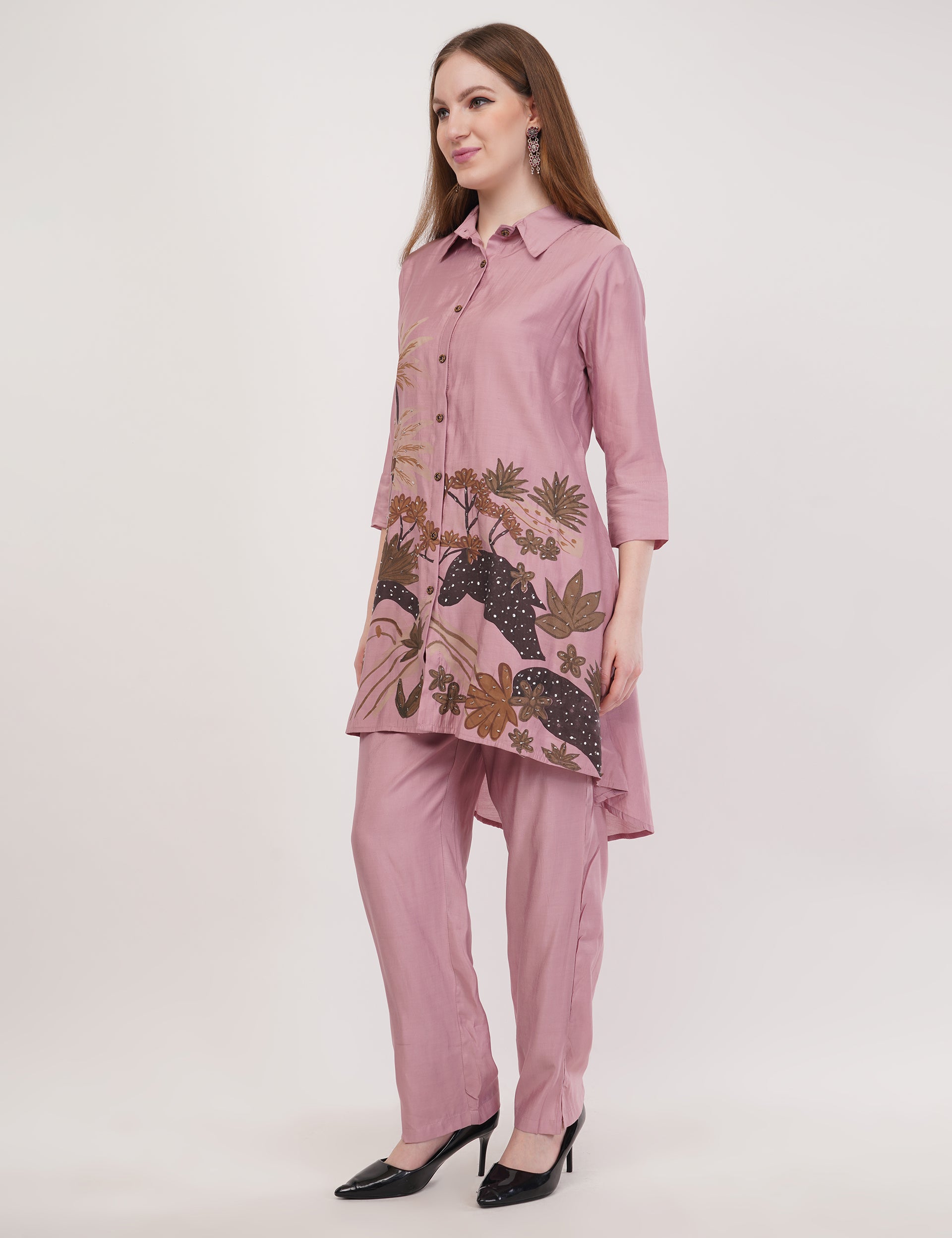 Light Pink Roman Silk Embroidered Shirt Co-Ord Set With Asymmetric Hem  - Set Of 2