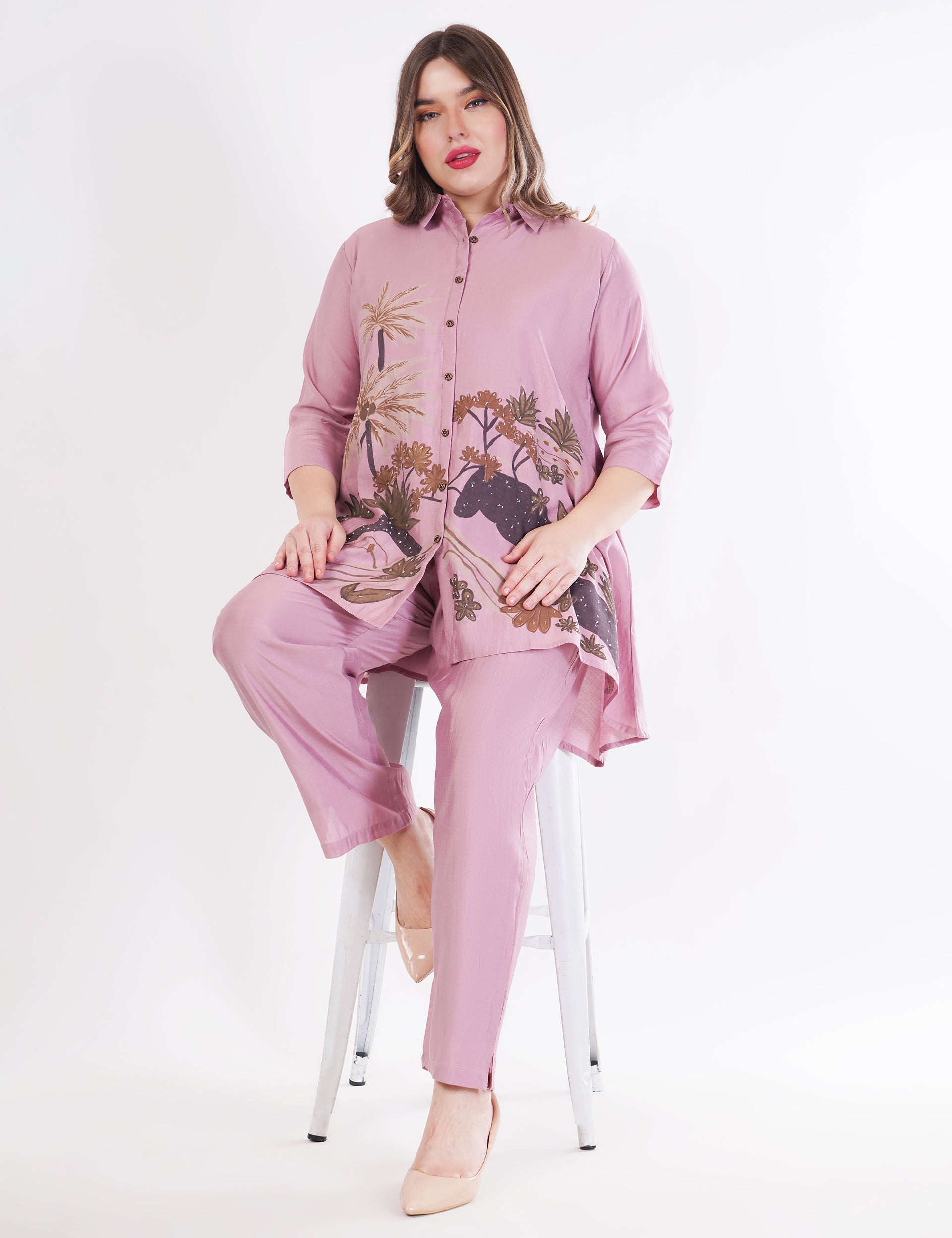 Light Pink Roman Silk Embroidered Shirt Co-Ord Set With Asymmetric Hem  - Set Of 2