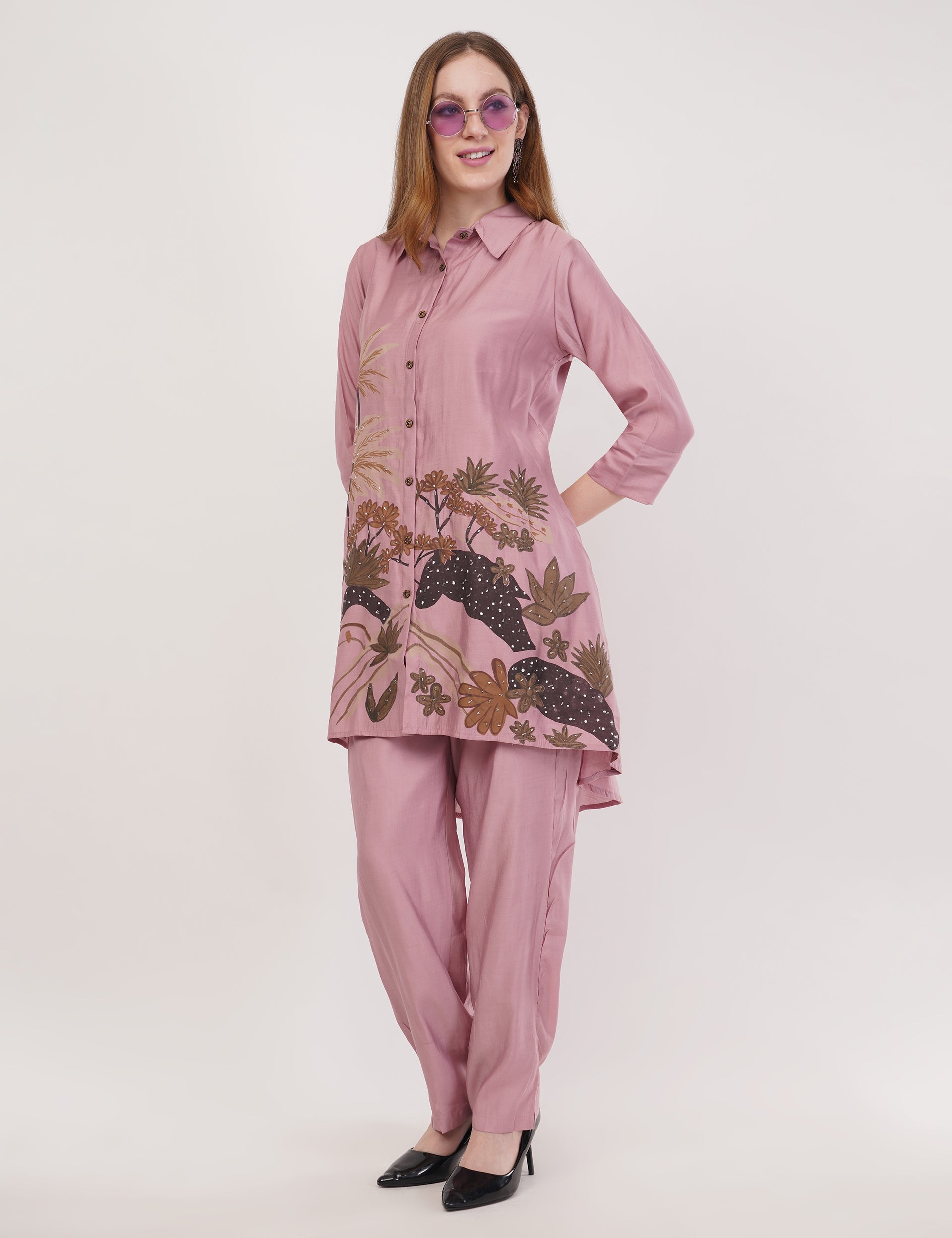 Light Pink Roman Silk Embroidered Shirt Co-Ord Set With Asymmetric Hem  - Set Of 2