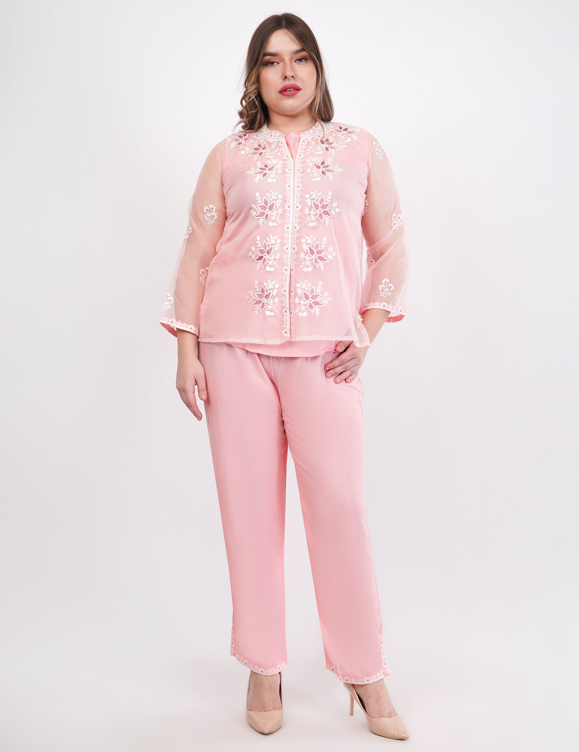 Light Pink Embroidered Organza Co-Ord Set - Set Of 3