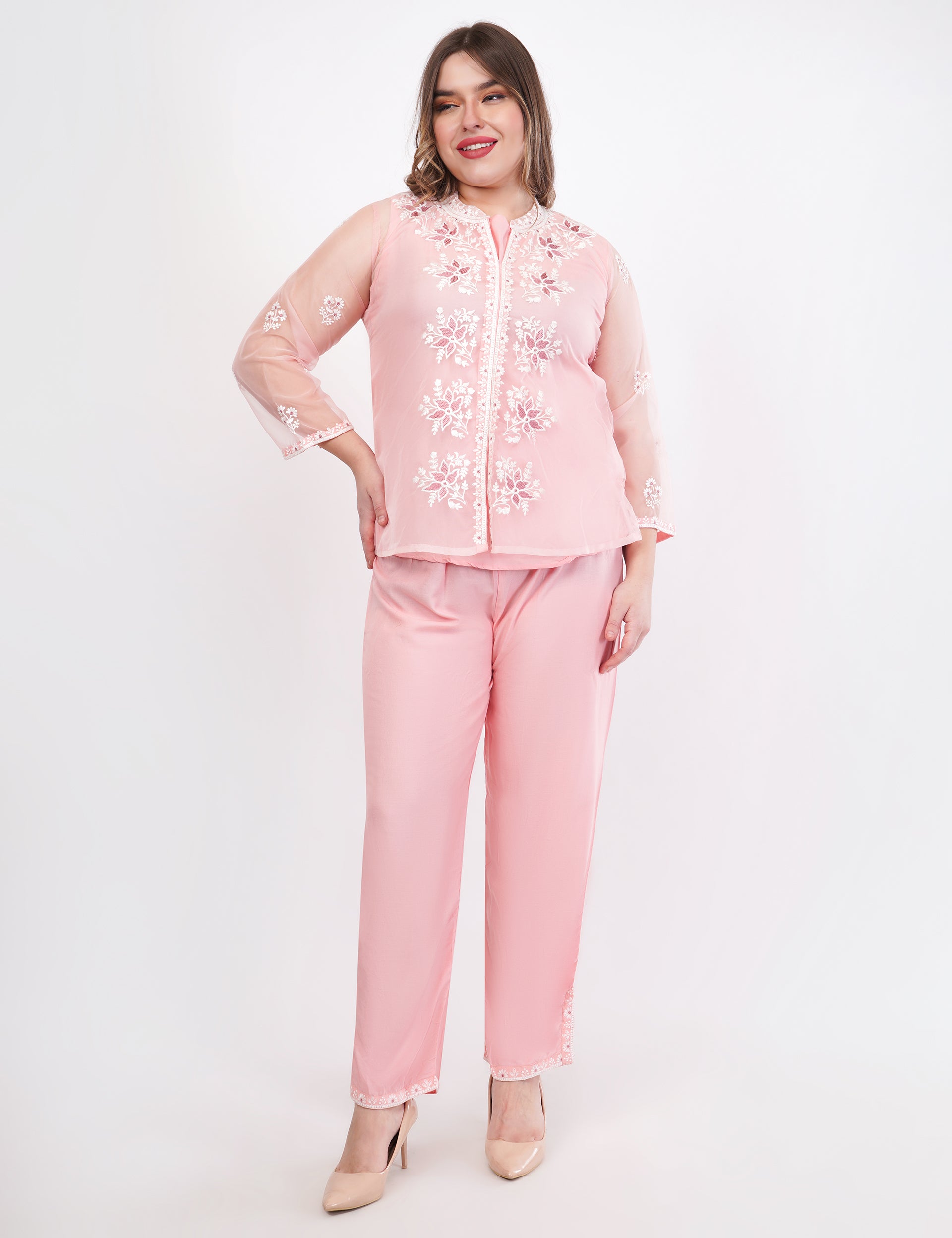 Light Pink Embroidered Organza Co-Ord Set - Set Of 3