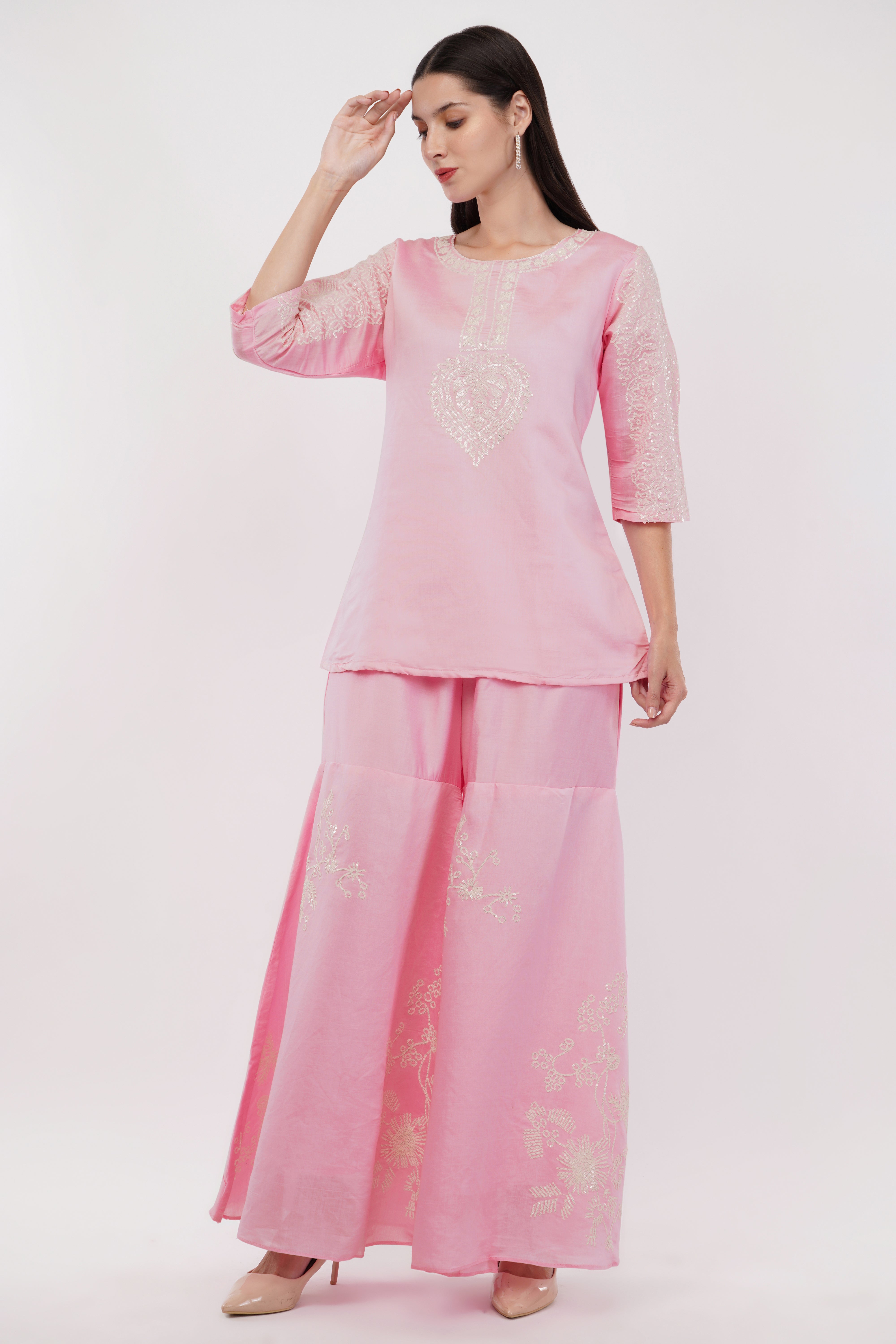 Light Pink Embroidered Co-Ord Set With Contrasting Work - Set Of 2