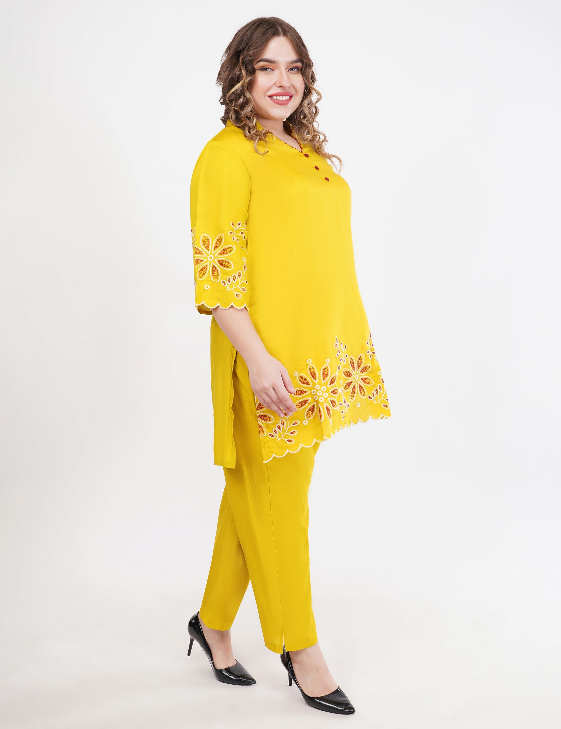 Mustard Roman Silk Co-Ord Set With Embroidery - Set Of 2