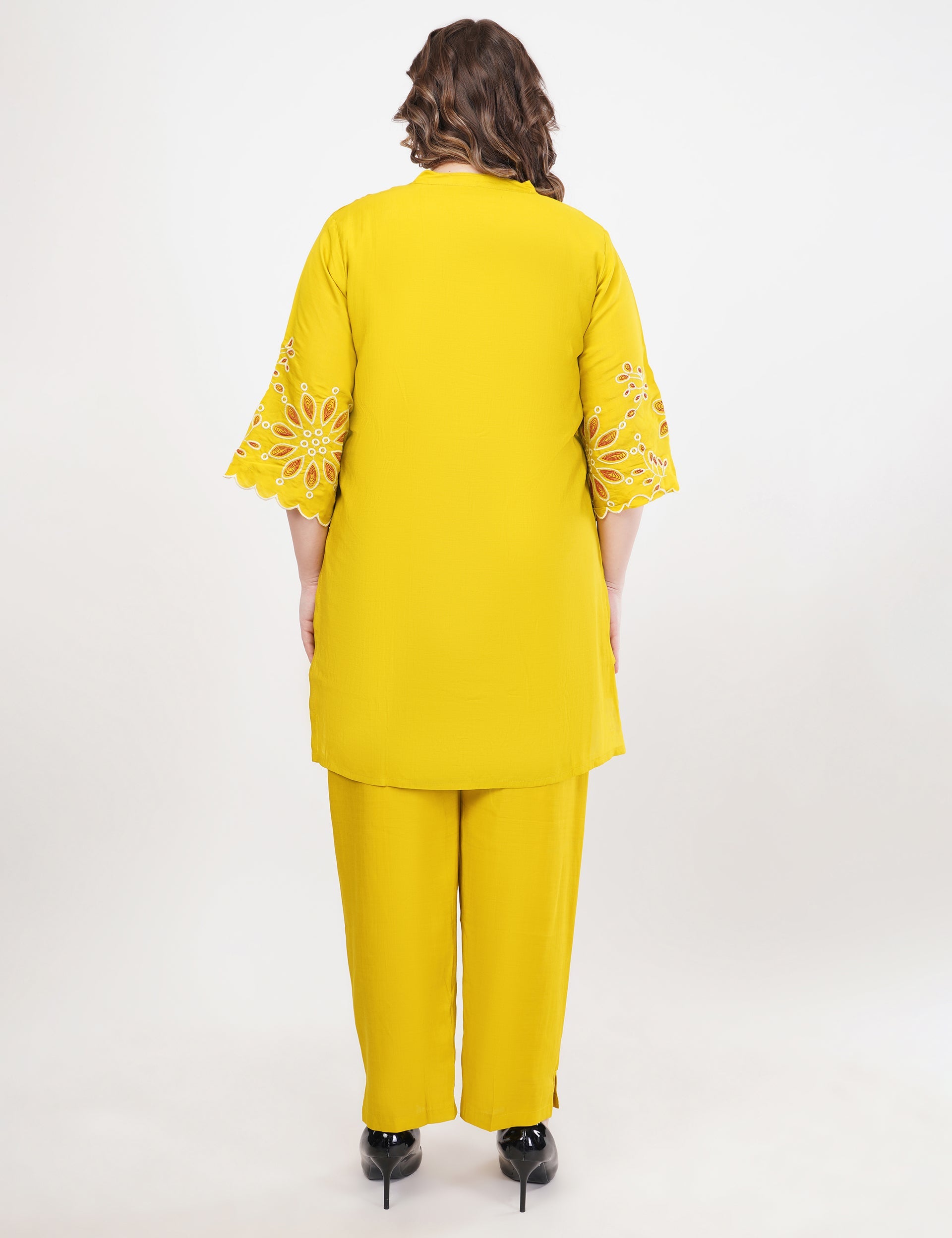 Mustard Roman Silk Co-Ord Set With Embroidery - Set Of 2