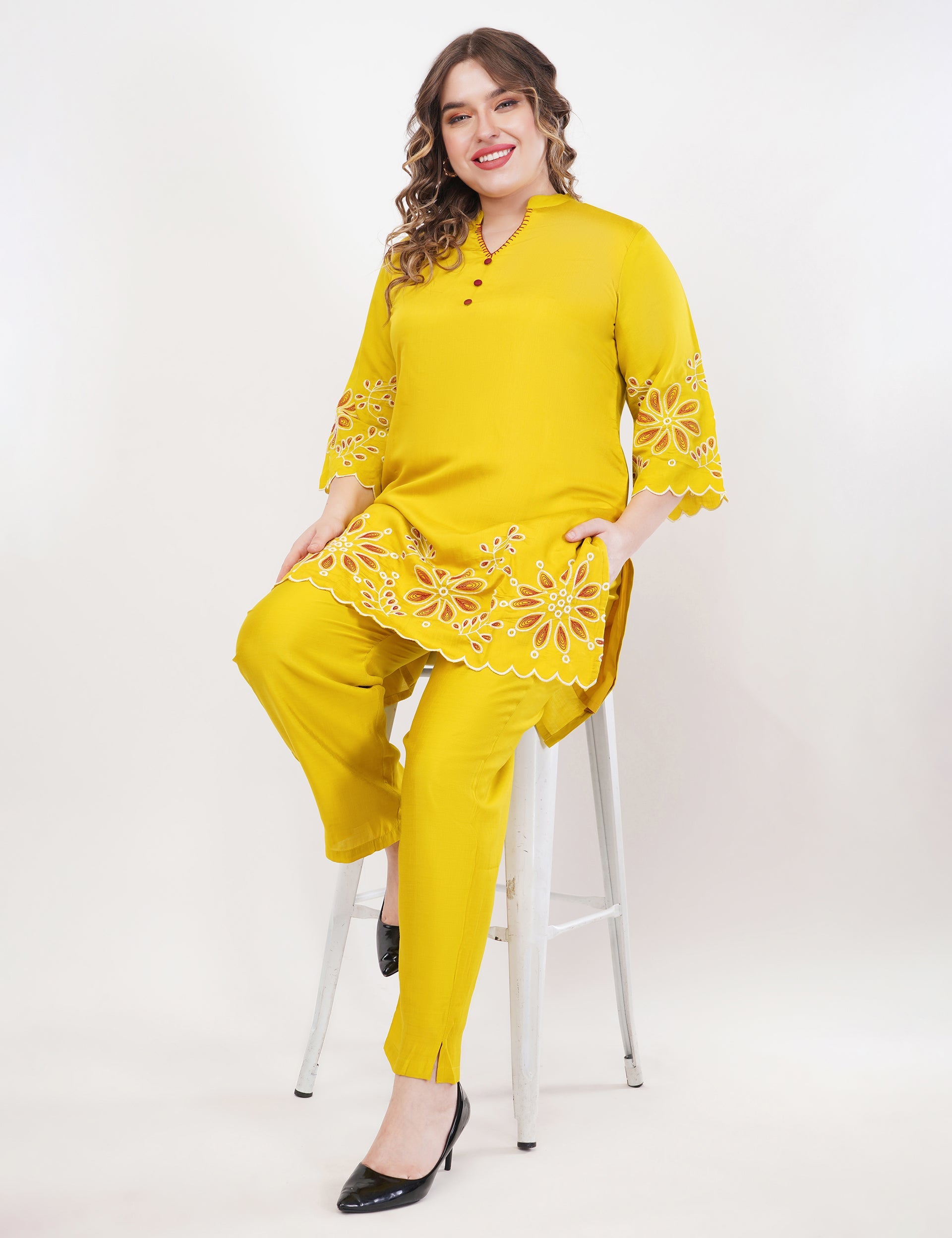 Mustard Roman Silk Co-Ord Set With Embroidery - Set Of 2