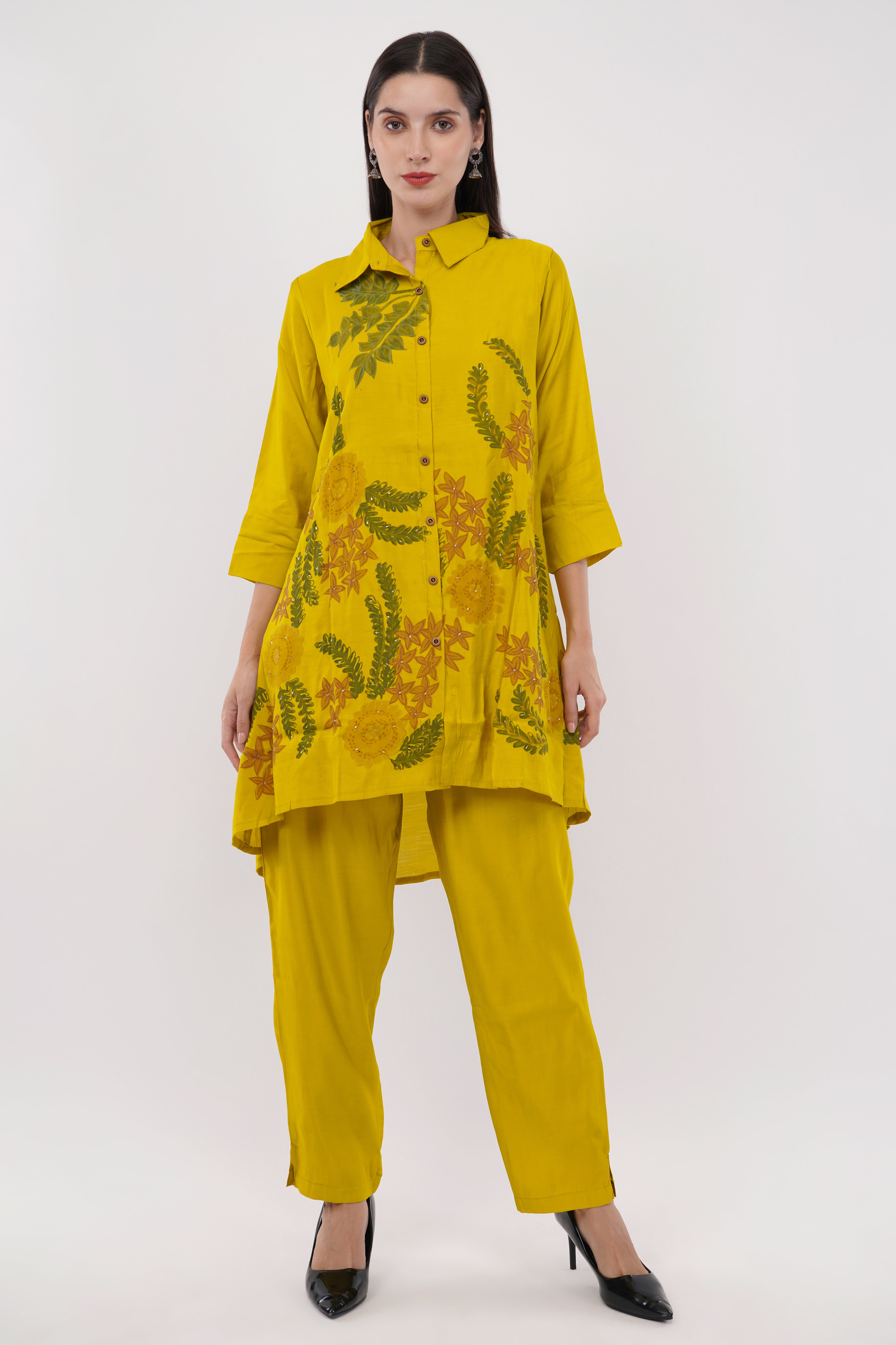 Mustard Roman Silk Embroidered Shirt Co-Ord Set With Asymmetric Hem  - Set Of 2